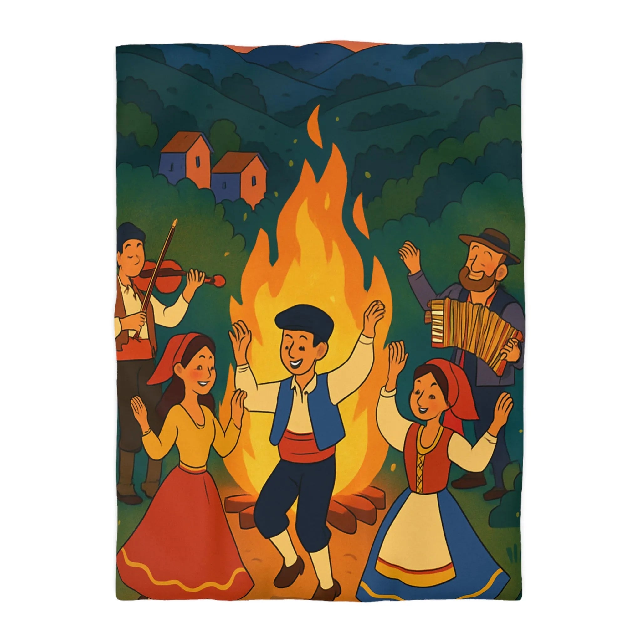 Housse de couette colorée danse folklorique autour du feu avec musiciens traditionnels