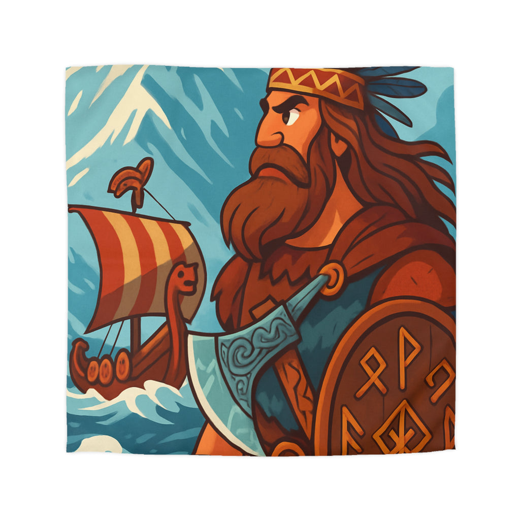 Housse de couette viking avec guerrier, montagne, navire, mer, motifs runiques