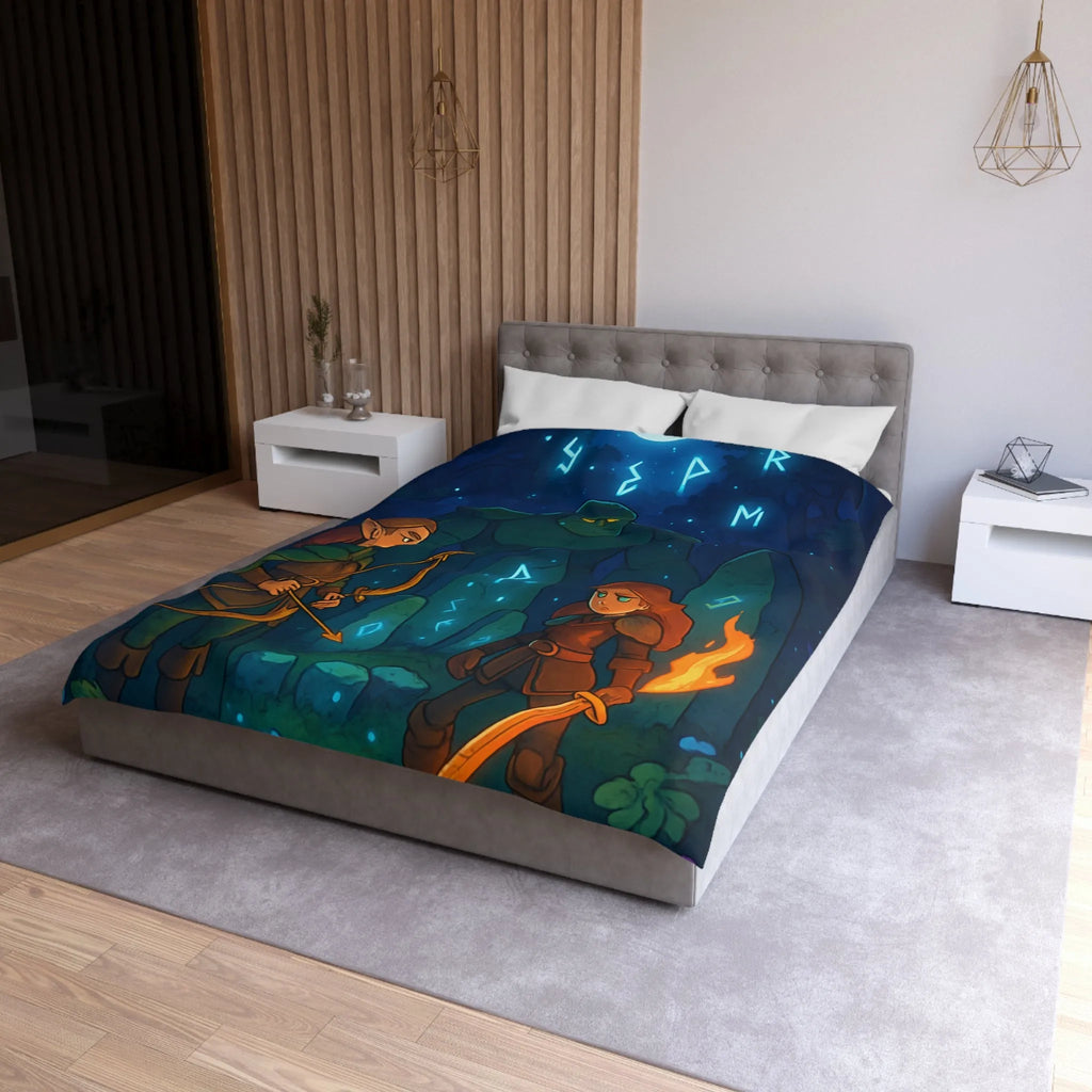 Housse de couette avec illustration de forêt mystique illuminée par runes magiques et lune