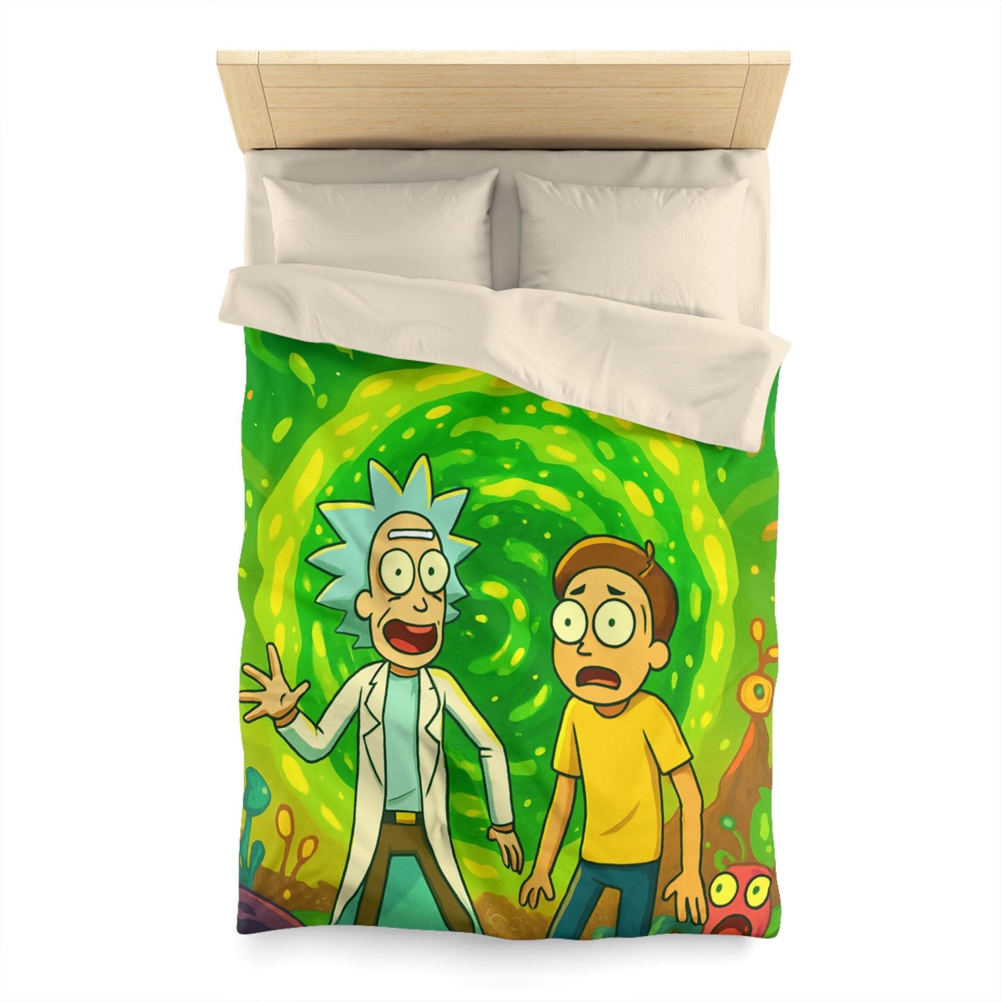 Housse de couette thème dimension aventure verte avec duo explorateur et planète lumineuse