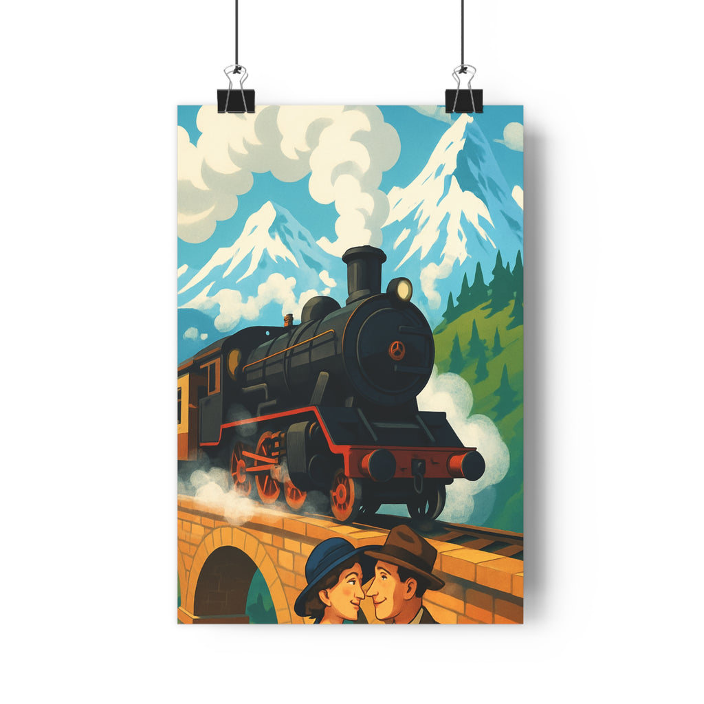 Poster décoratif romantique train vapeur dessin animé pastel salon chambre nostalgique montagne pont couple