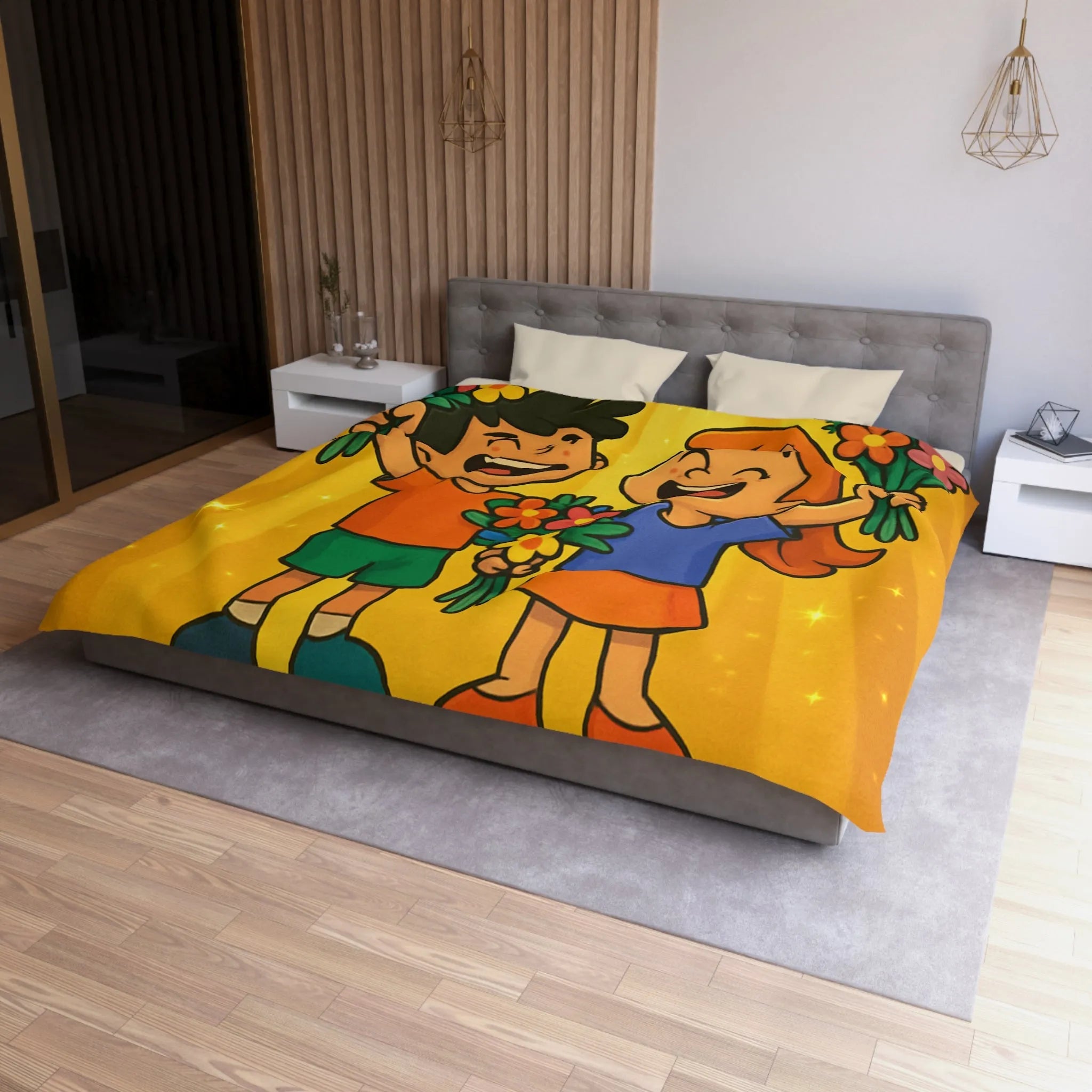 Dessin mignon d'enfants célébrant avec des bouquets de fleurs illuminés de rayons dorés