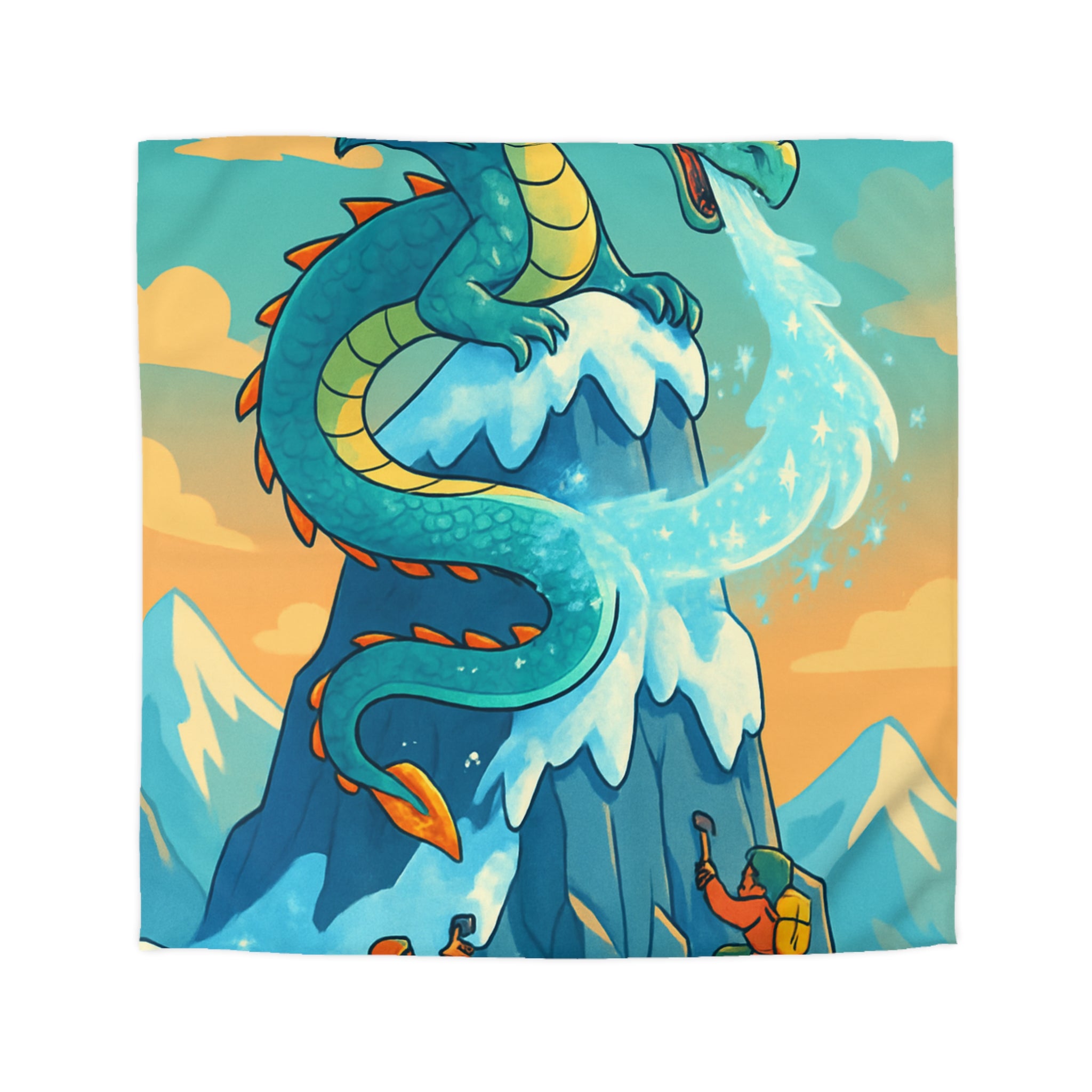 Montagne enneigée gardée par un dragon crachant de la glace, aventure épique illustrée