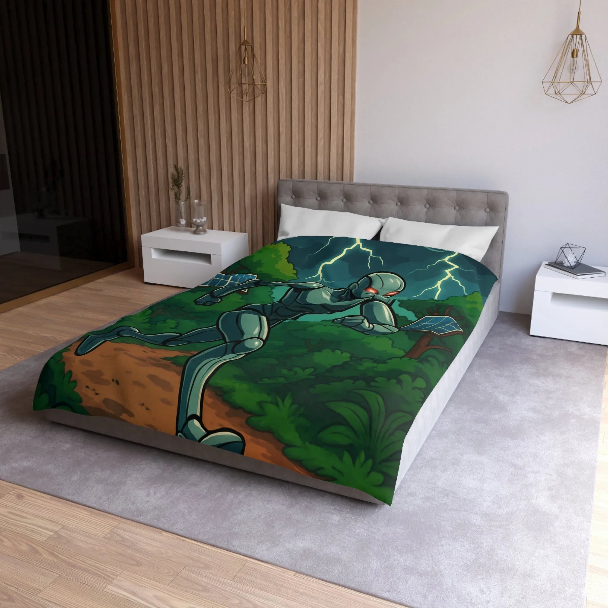 Housse de couette avec robot futuriste courant dans une jungle électrifiée et orageuse