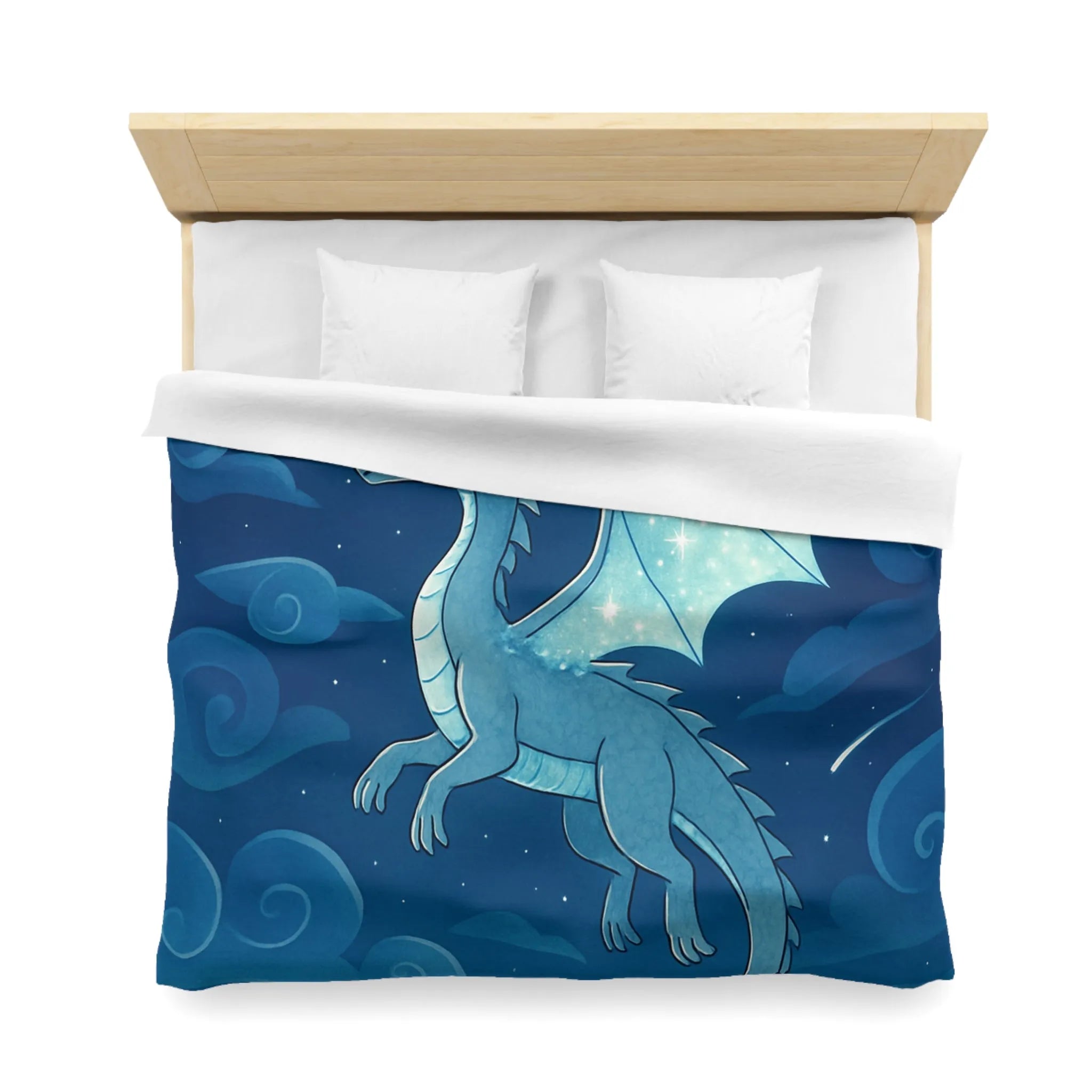 Housse de couette avec dragon bleu étincelant volant sous lune et étoiles scintillantes