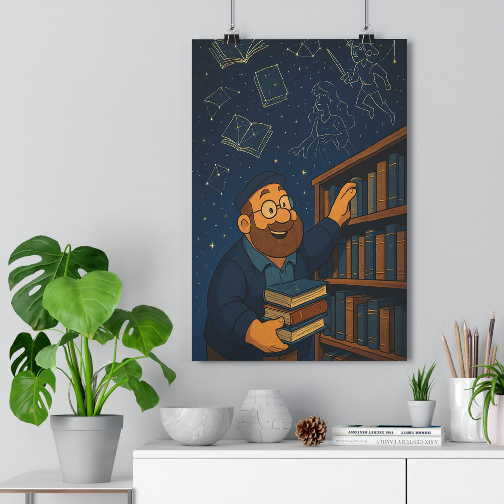 Poster décoratif bibliothèque étoilée homme souriant livres flottants cartoon rêveur magique bleu doré chambre