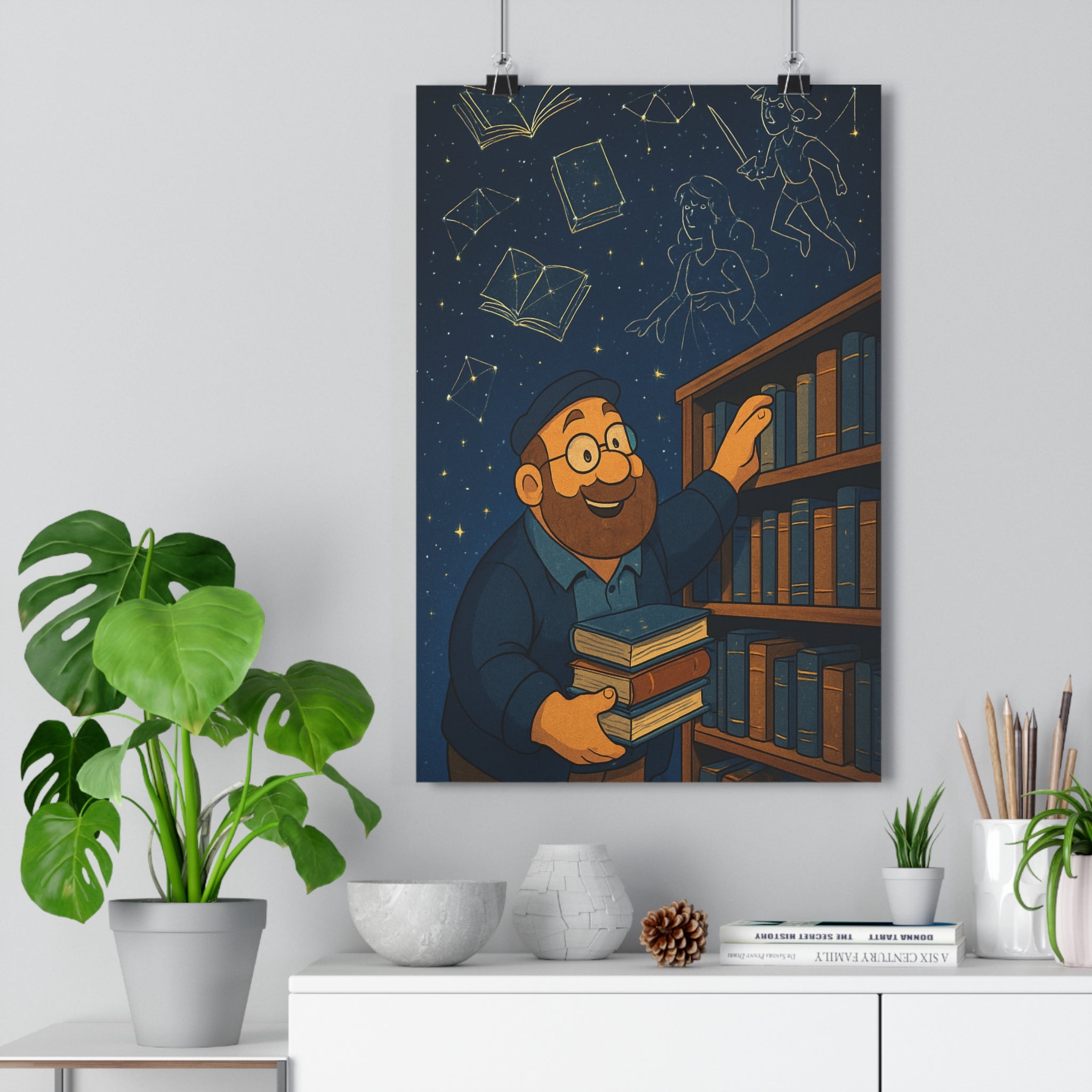 Poster décoratif bibliothèque étoilée homme souriant livres flottants cartoon rêveur magique bleu doré chambre