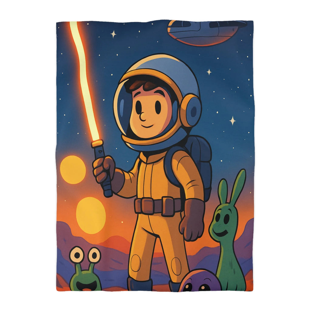 Adorable Espace: Astronaute Enfant Avec Épée Lumineuse Et Créatures Amusantes Sur Une Planet