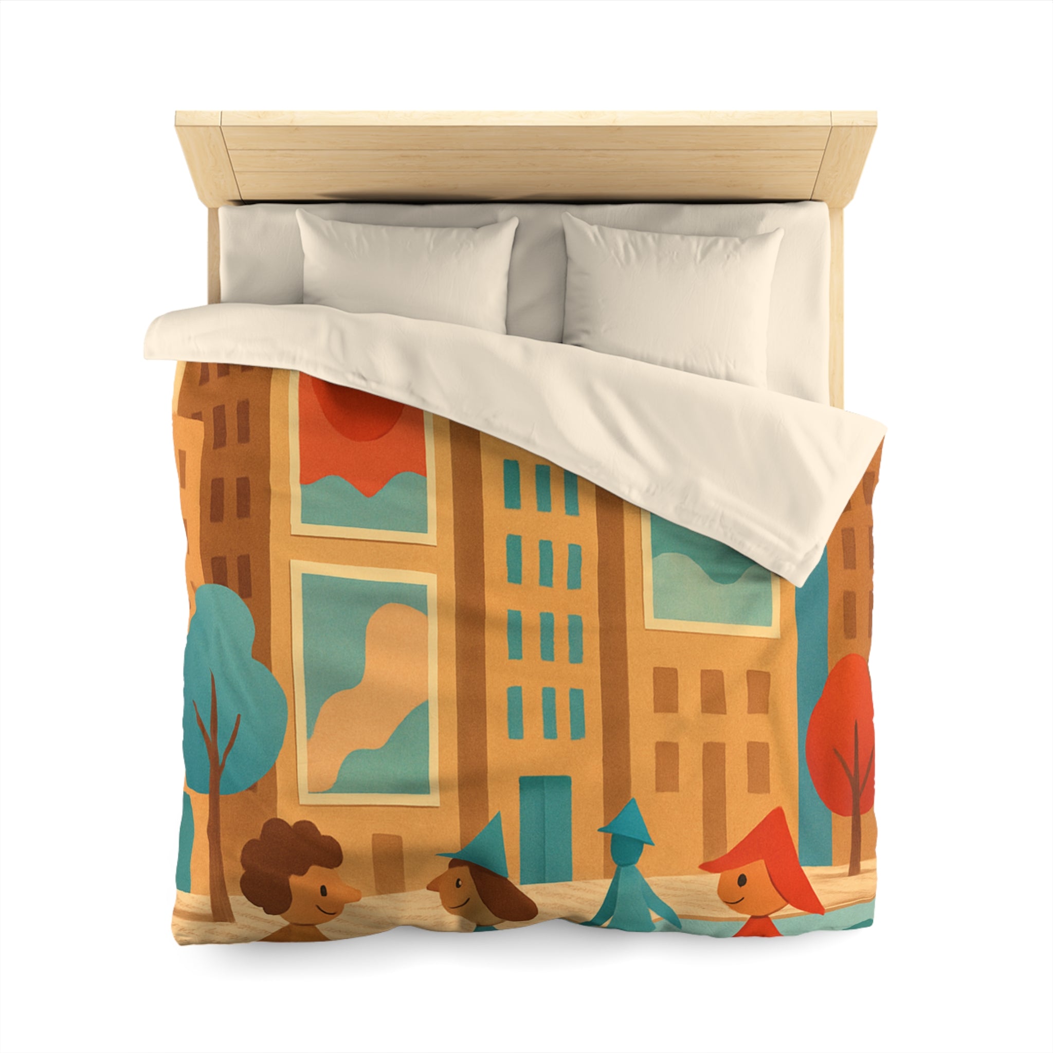 Housse de couette urbaine vintage : architecture colorée, silhouettes géométriques, ambiance rétro joyeuse
