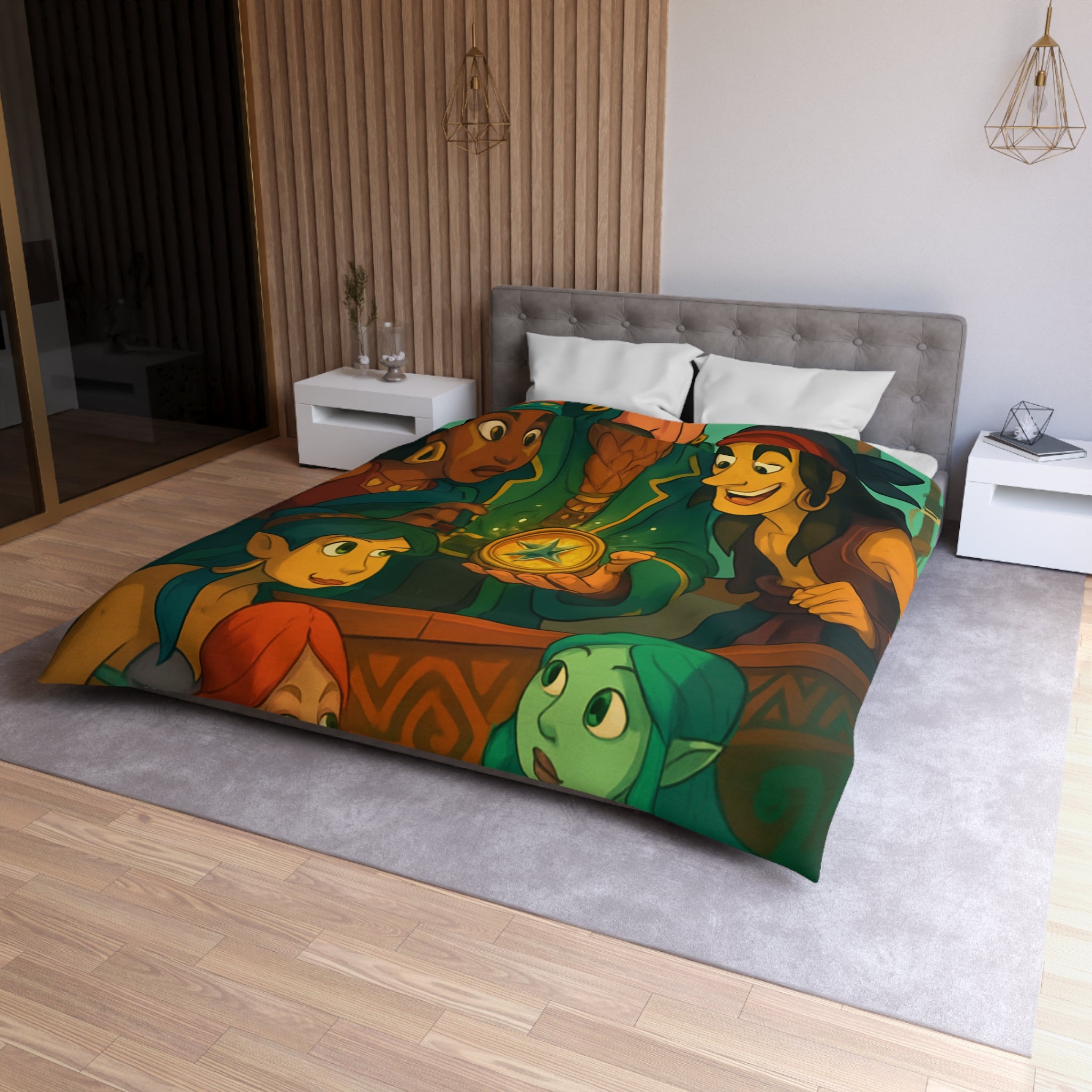 Housse de couette pirate et sirènes avec trésor sur mer émeraude et ciel