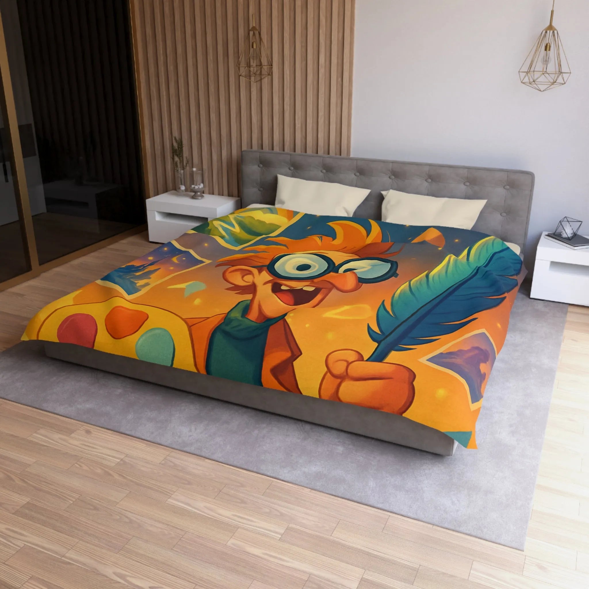 Housse de couette colorée avec paysage de conte de fées et artiste joyeux