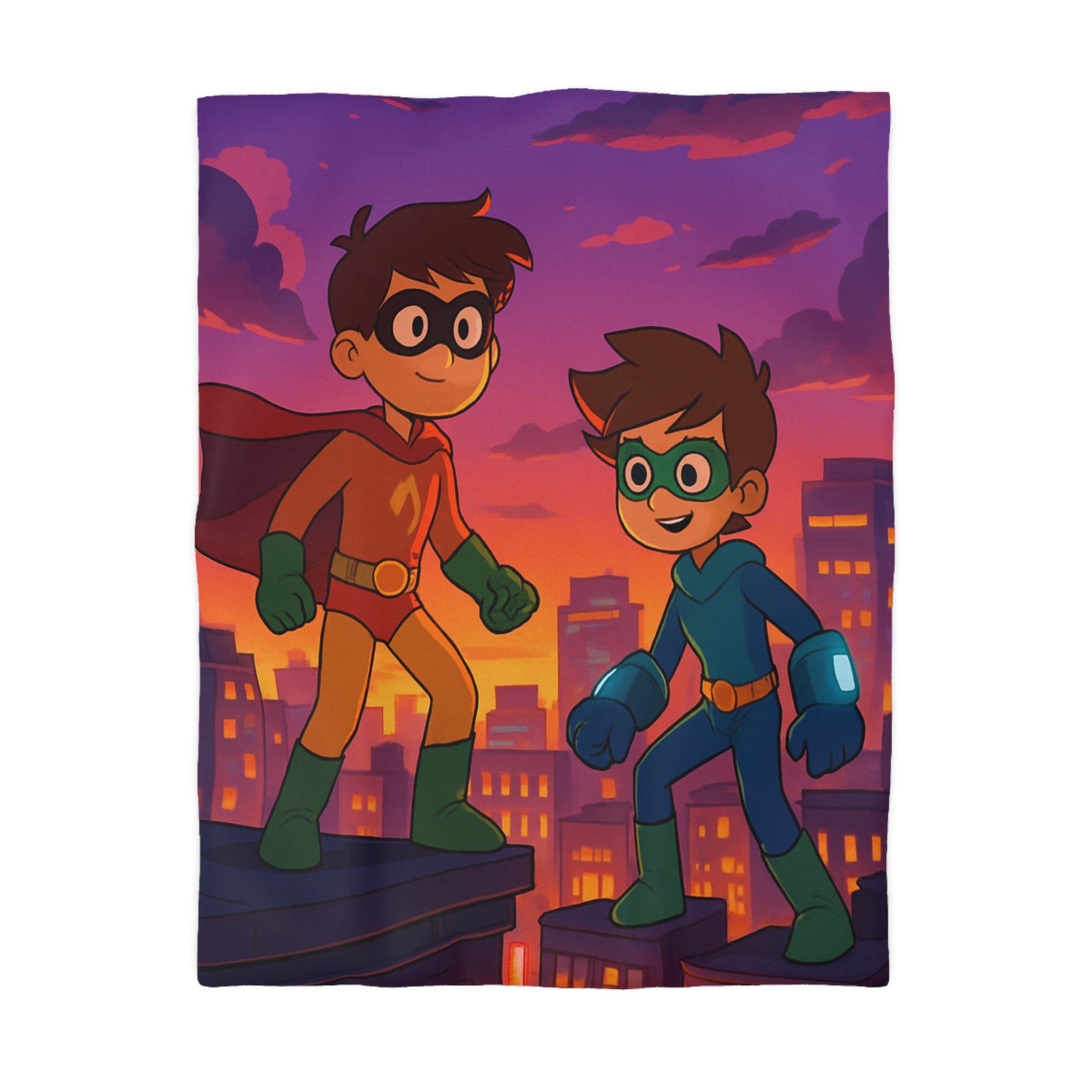 Housse de couette pour enfants avec deux jeunes super-héros au coucher du soleil