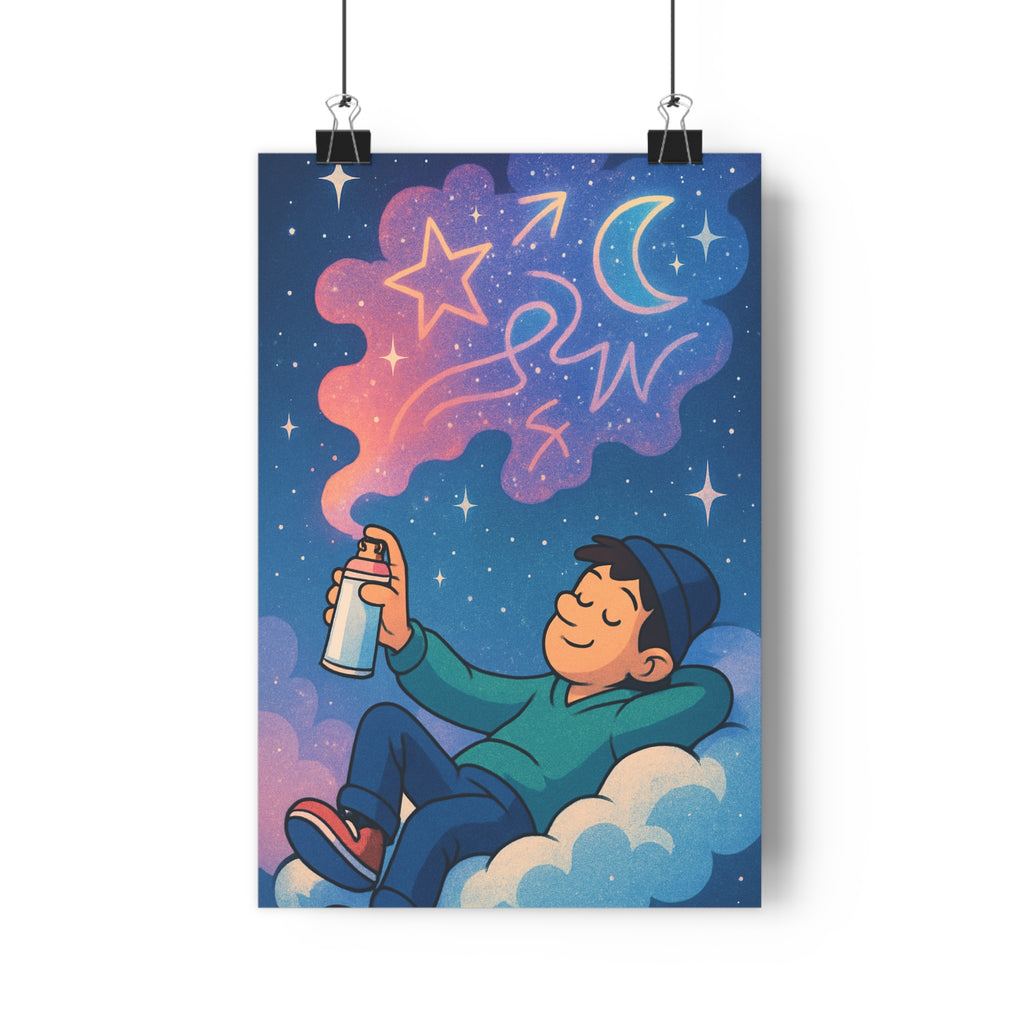 Poster décoratif cartoon bleu rose rêveur enfant chambre artistique créatif apaisant onirique nuage étoilé