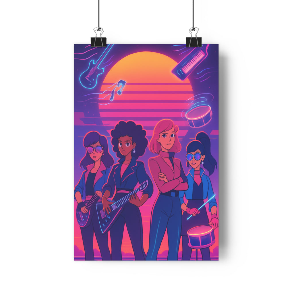 Poster décoratif rétro futuriste rose violet bleu salon chambre moderne vibrant nostalgique artistique féminin