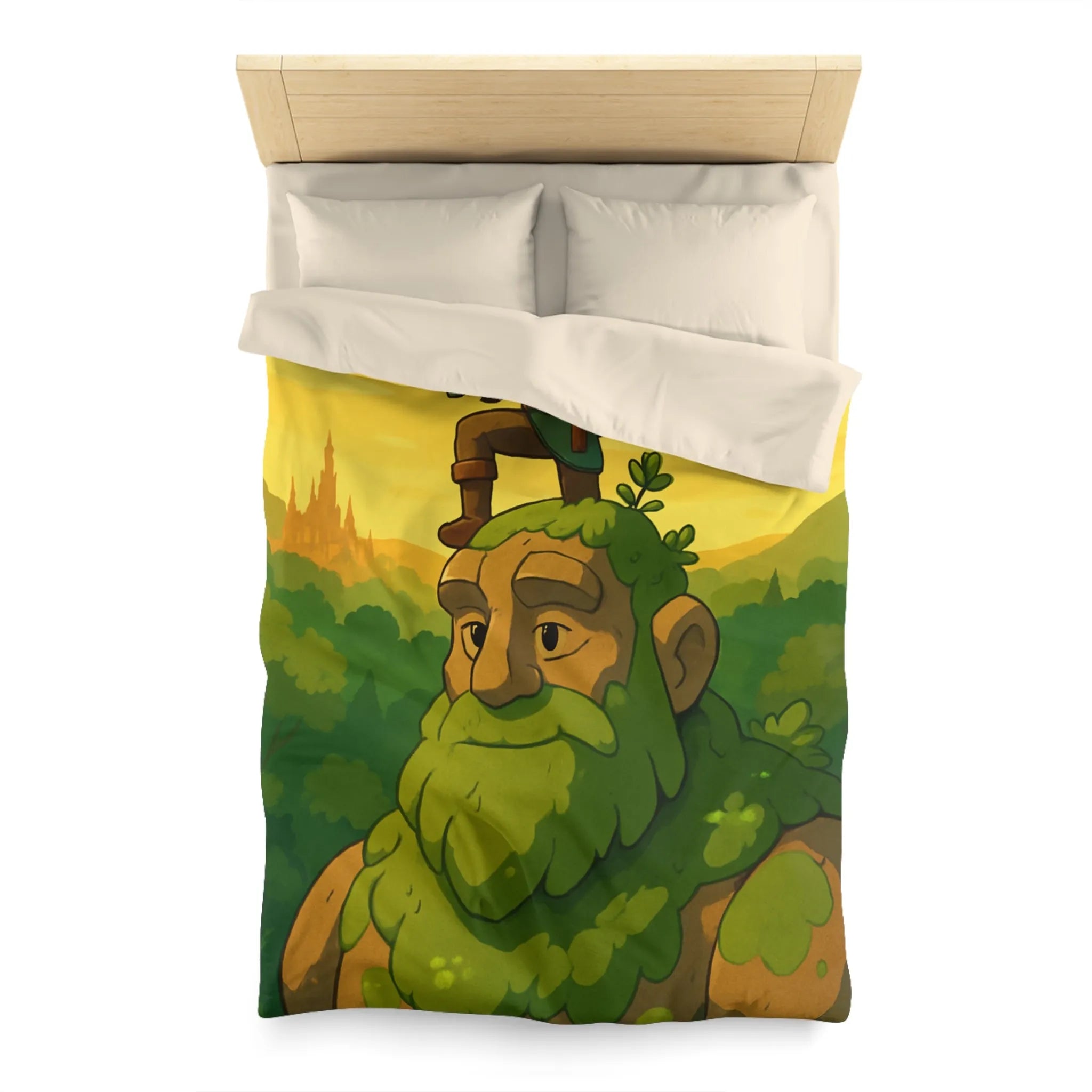 Housse de couette avec aventurier et géant de pierre, tons verts et jaunes
