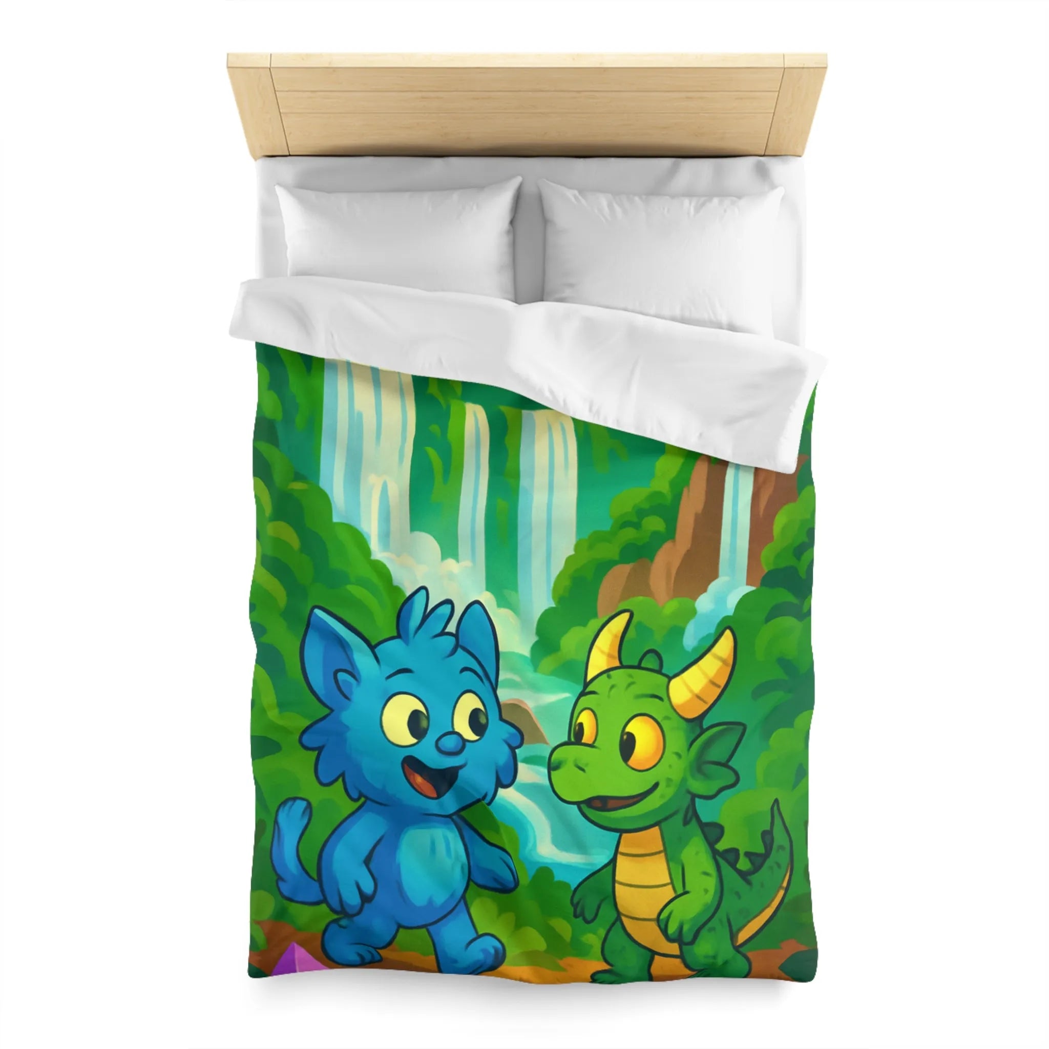 Housse de Couette Fantaisie Enfants Avec Animaux et Paysage Magique Coloré Vert et Bleu