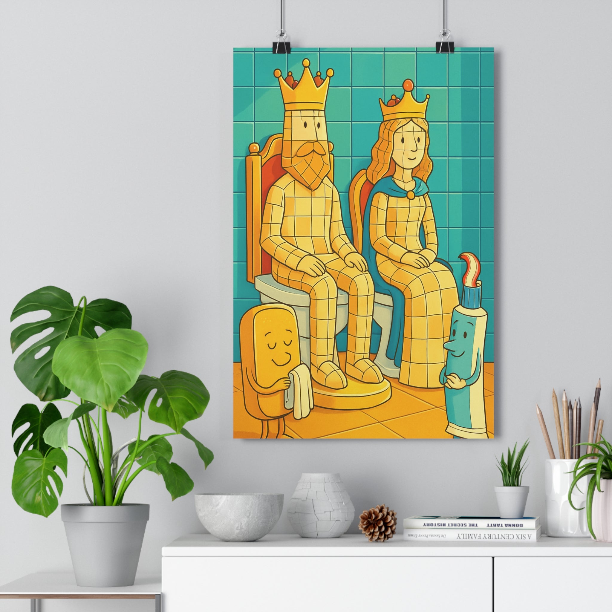 Poster décoratif cartoon bleu jaune ludique toilette roi reine humoristique sophistiqué élégant 30x46cm qualité