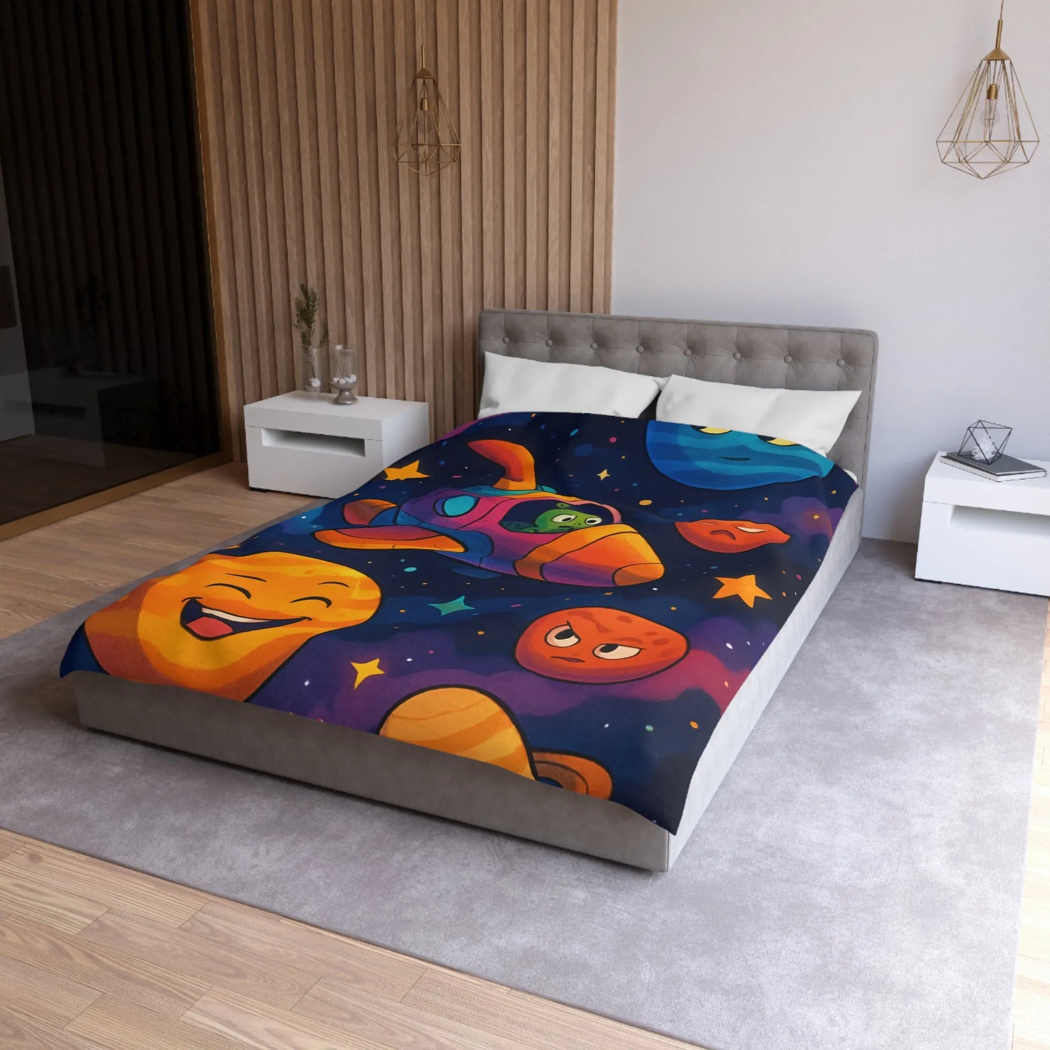 Housse de couette enfant cosmos coloré avec planètes amusantes et fusée extraterrestre