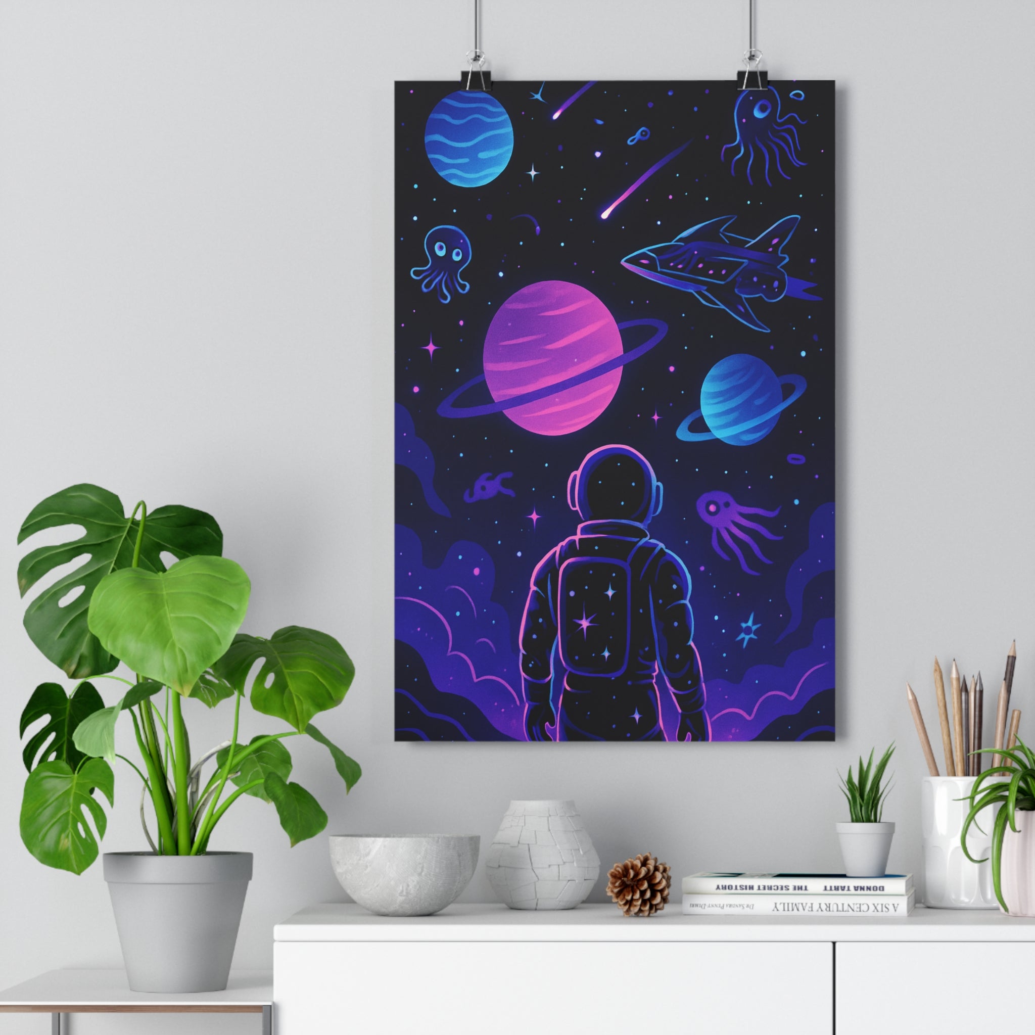 Poster décoratif sciencefiction violet bleu astronaute espace aventure mystérieux salon chambre bureau impression qualité