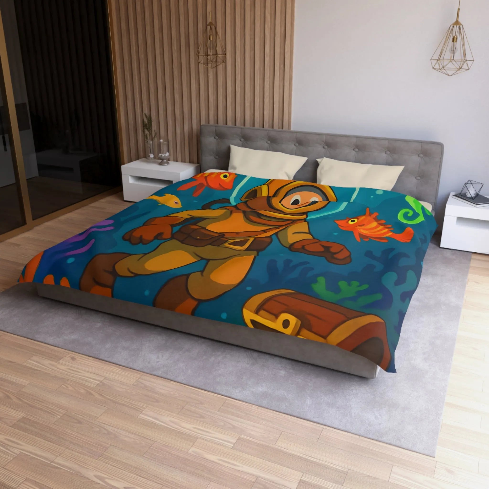 Housse de couette enfant aventure sous-marine avec plongeur et trésor coloré en dessin animé