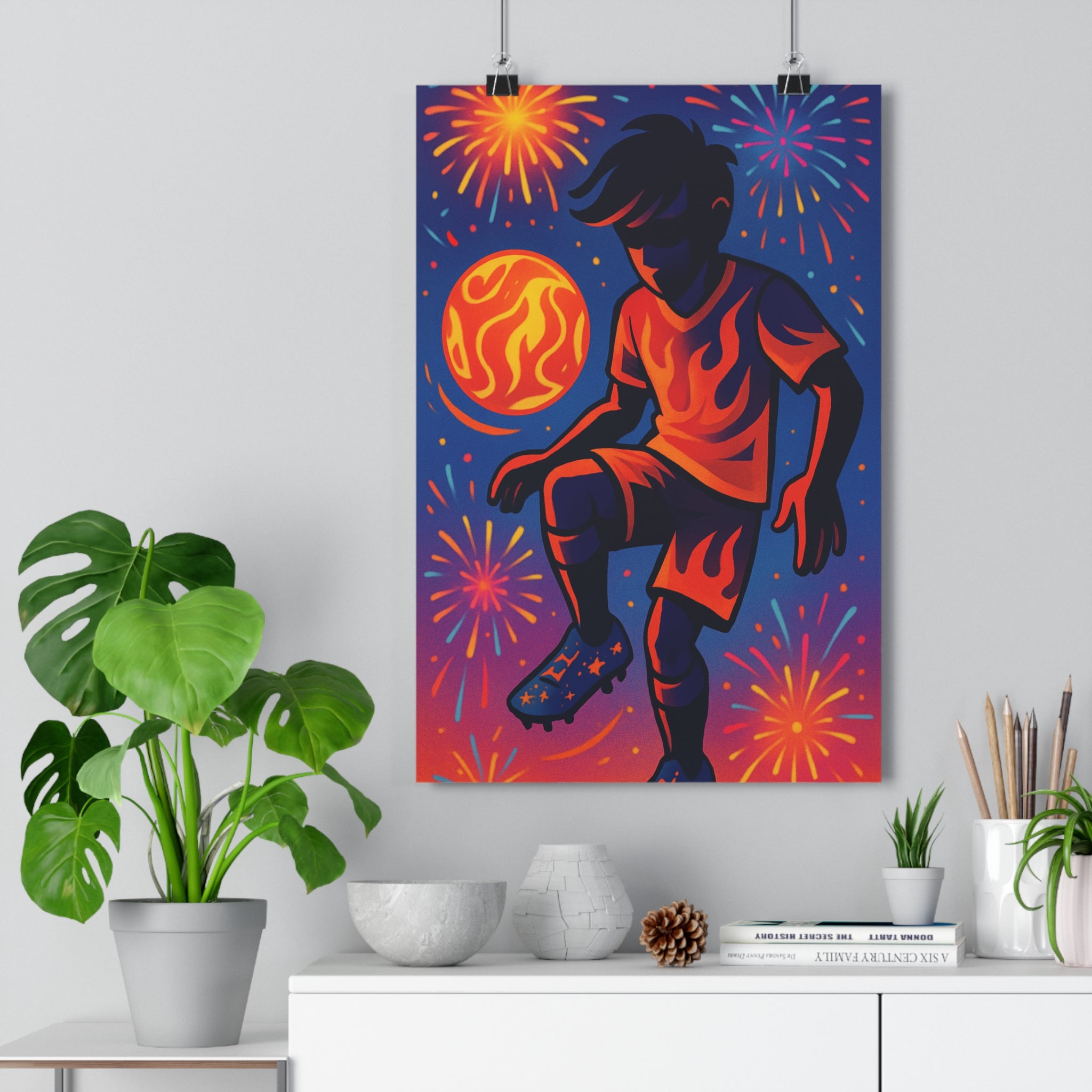 Poster décoratif dynamique football cartoon joyeux chambre enfant sportif coloré moderne vibrant ambiance festive
