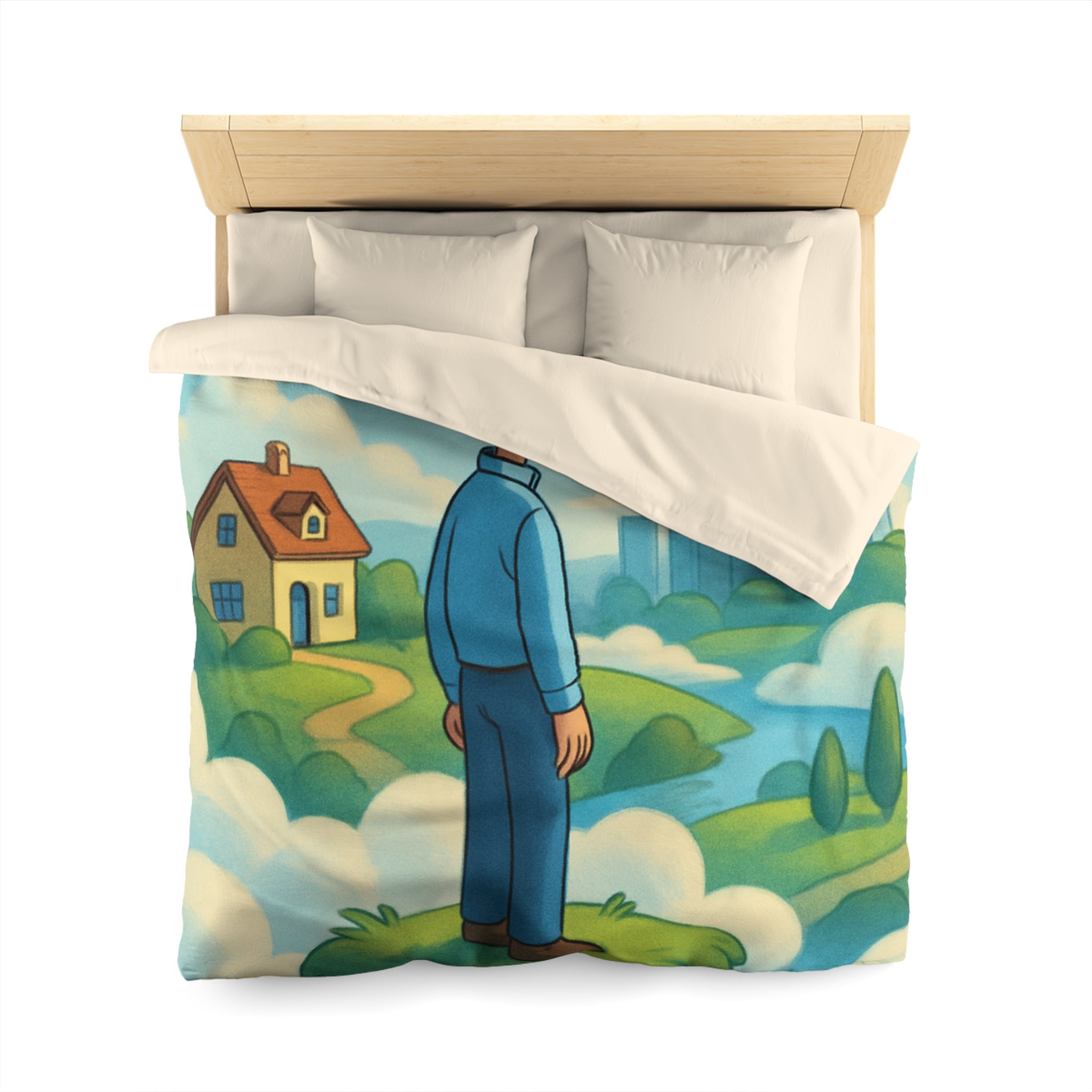 Illustration de rêve serein de paysage flottant avec personnage et ville éloignée