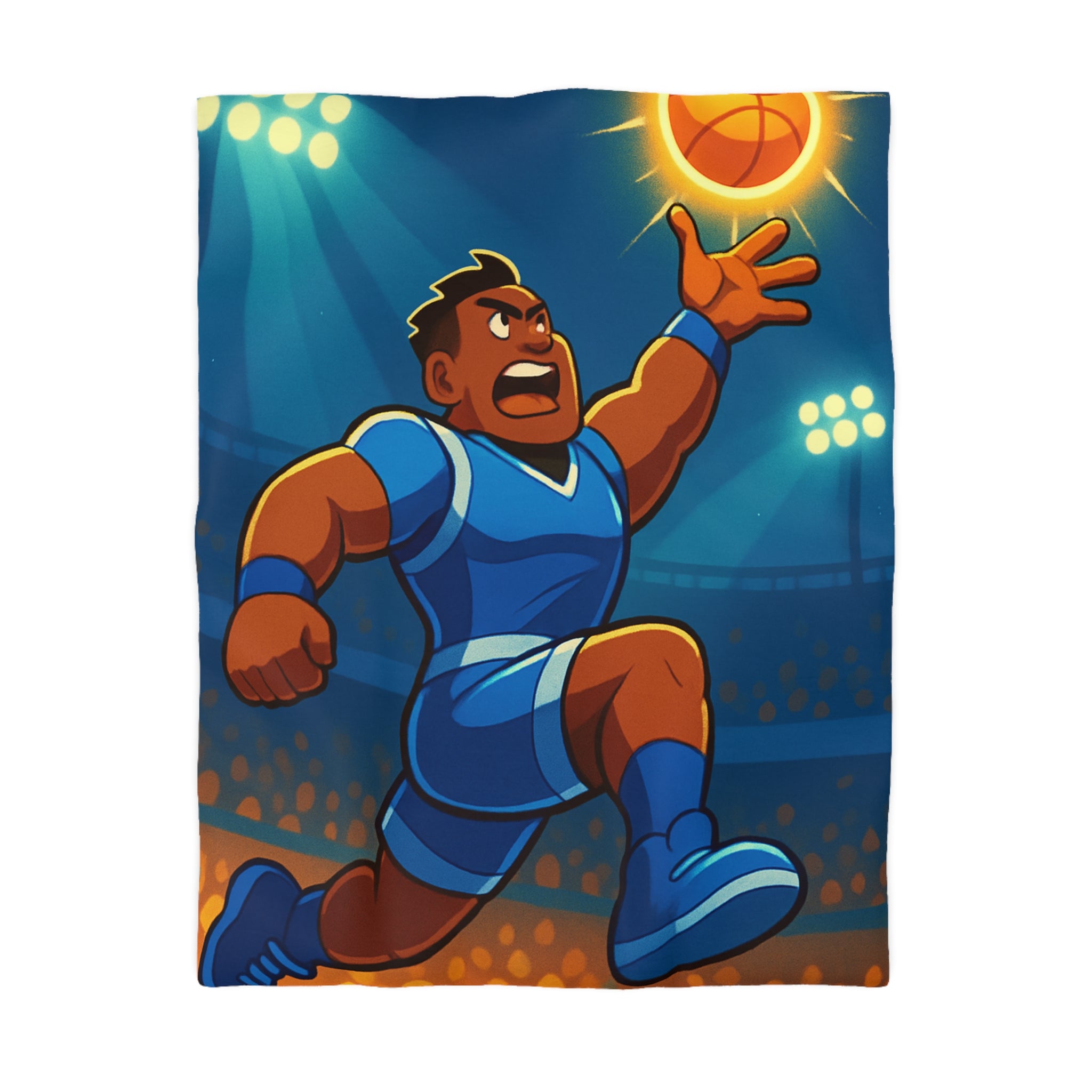 Housse de couette sportive illustrée avec joueur de basketball dynamique et ballon lumineux