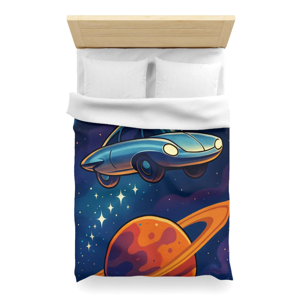 Housse de Couette Artistique Spatiale avec Voiture Volante et Planète Saturne Colorée