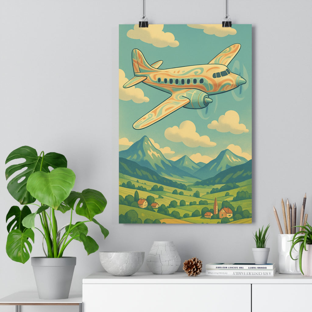 Poster décoratif rétro avion cartoon pastel bleu orange vert chambre bureau nostalgique enfant élégant