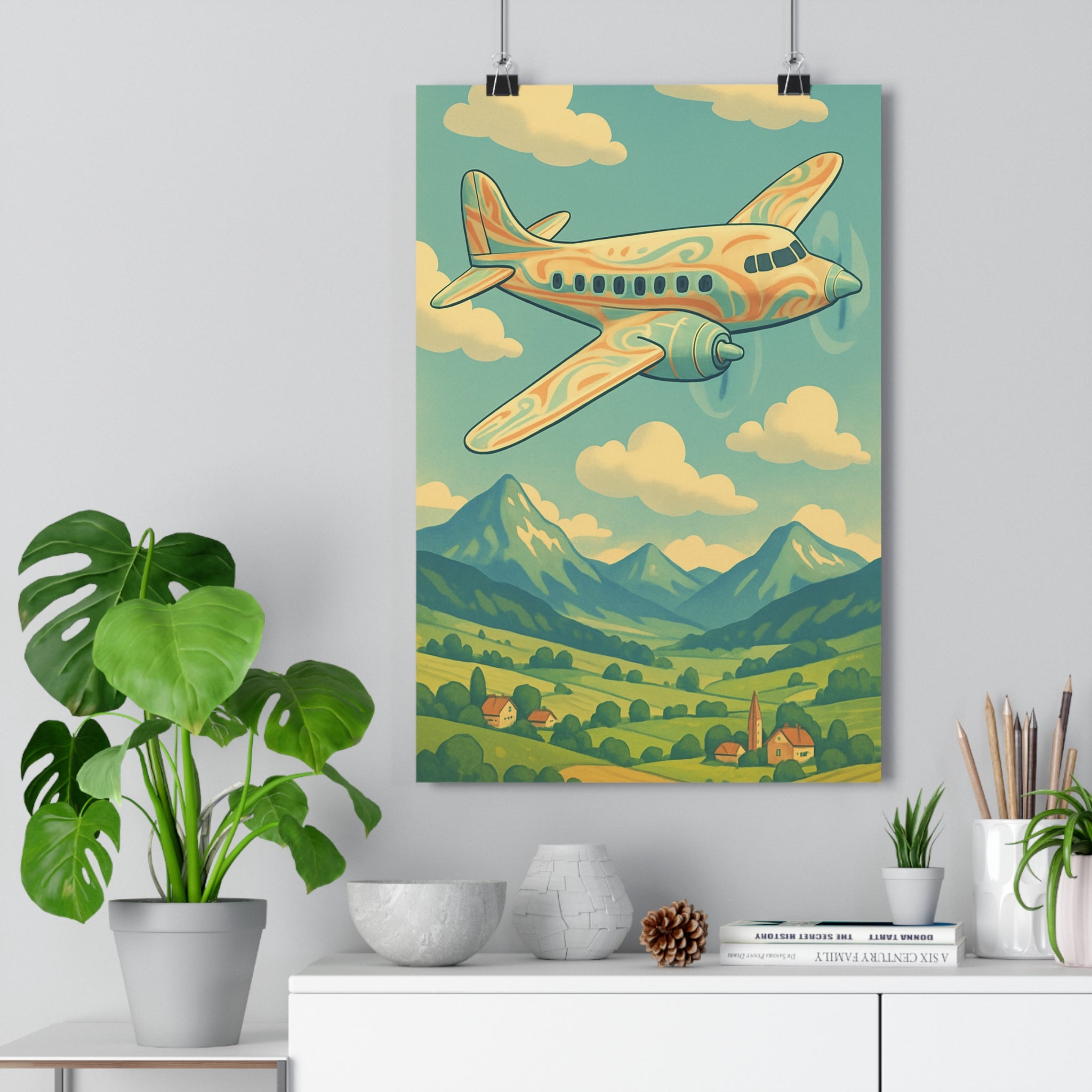 Poster décoratif rétro avion cartoon pastel bleu orange vert chambre bureau nostalgique enfant élégant