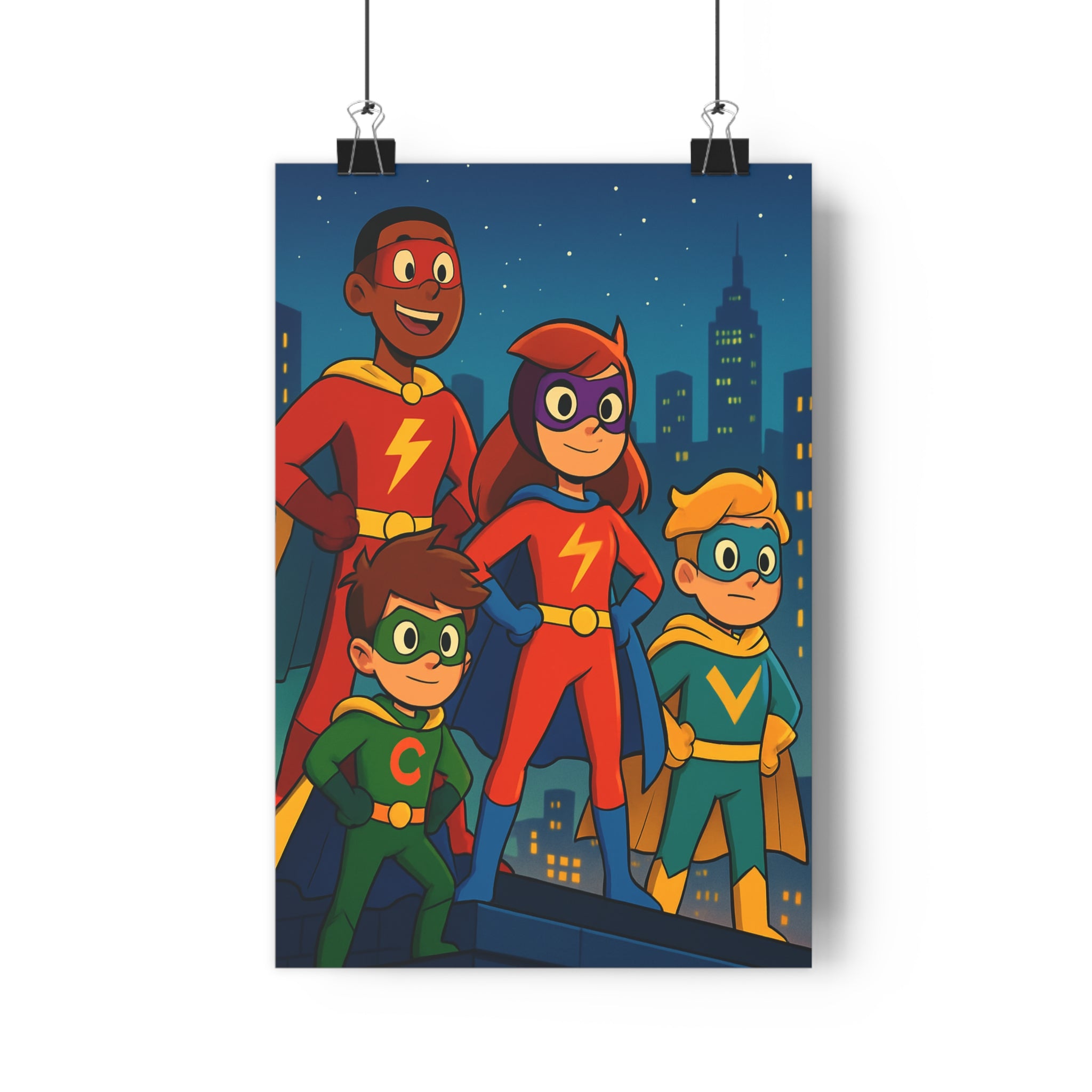 Poster décoratif enfants superhéros cartoon coloré rouge bleu vert aventure chambre joyeux dynamique murale