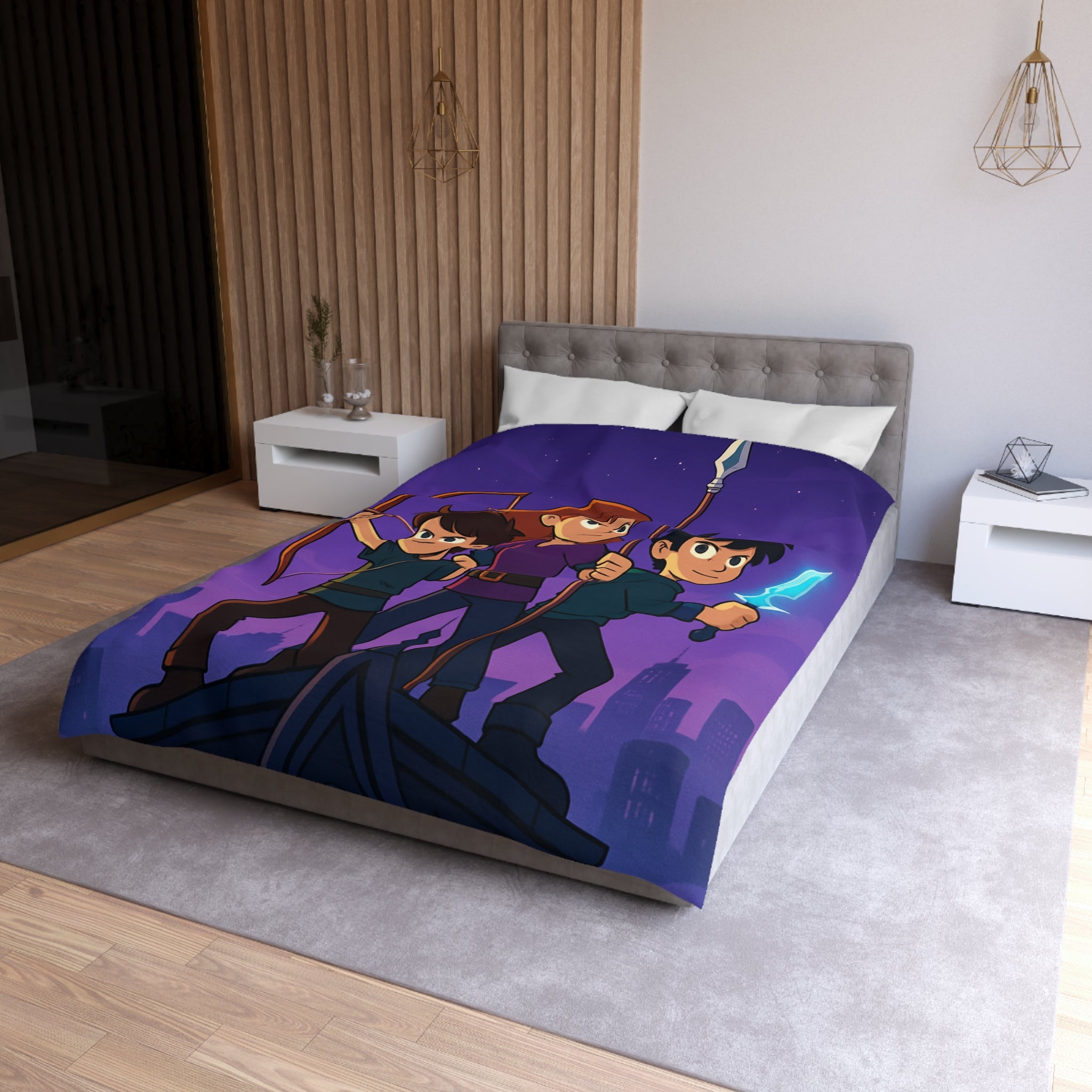 Housse de couette urbaine illustrée, ambiance aventure mystique avec enfants et armes