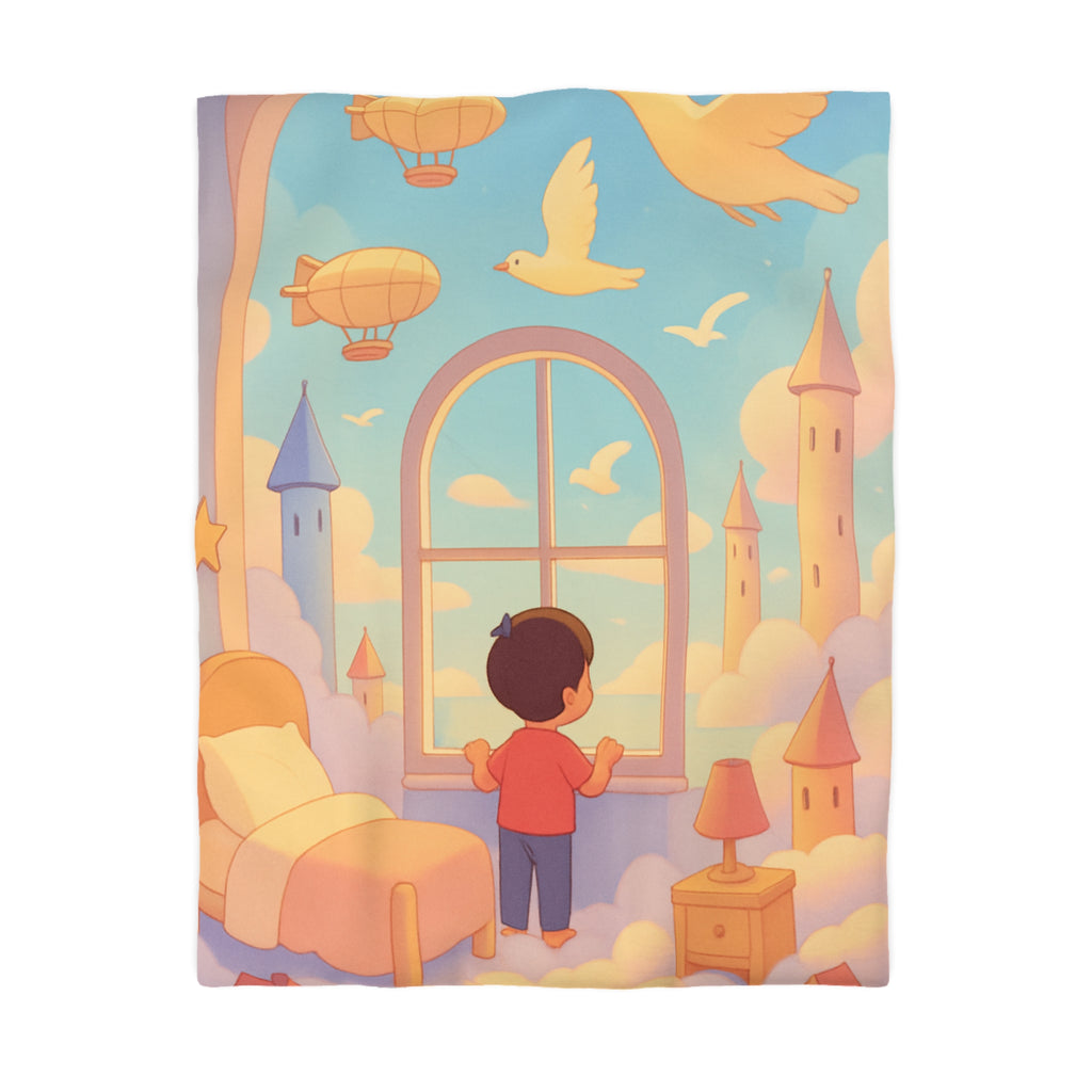 Housse de couette rêveuse enfantine avec nuages, dirigeables et oiseaux volants paisibles
