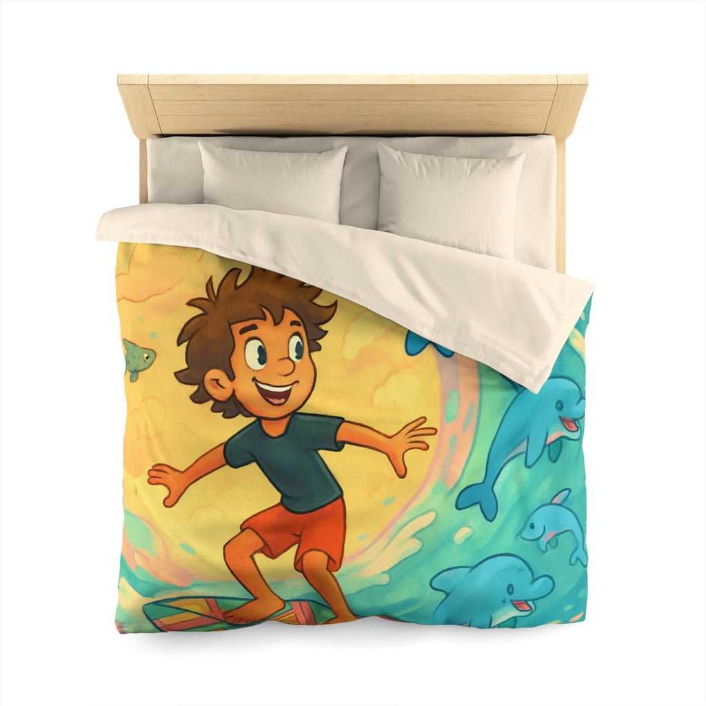 Housse de couette enfantine avec surf, dauphins joyeux et couleurs vives, ambiance océane