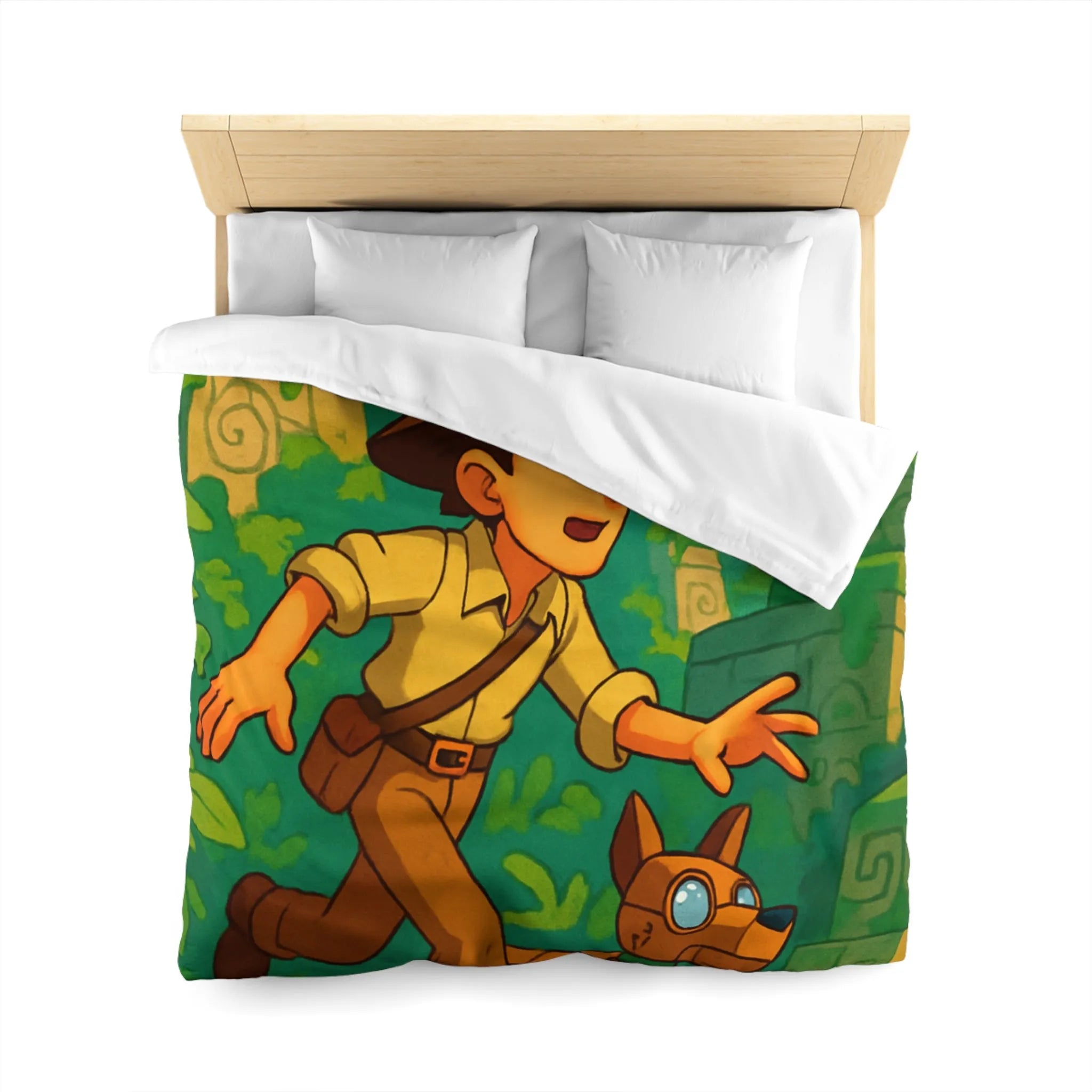 Housse de couette aventure jungle avec personnage explorateur et chien robotique animé