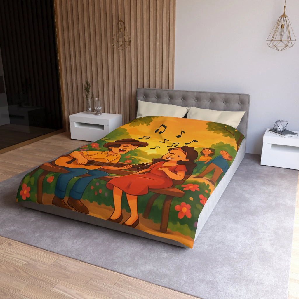 Housse de couette idéale avec illustration douce de couple romantique et coucher de soleil