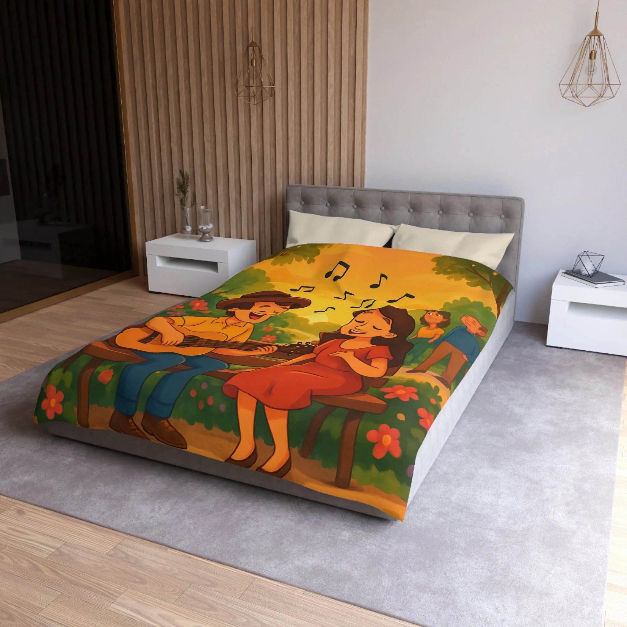 Housse de couette idéale avec illustration douce de couple romantique et coucher de soleil