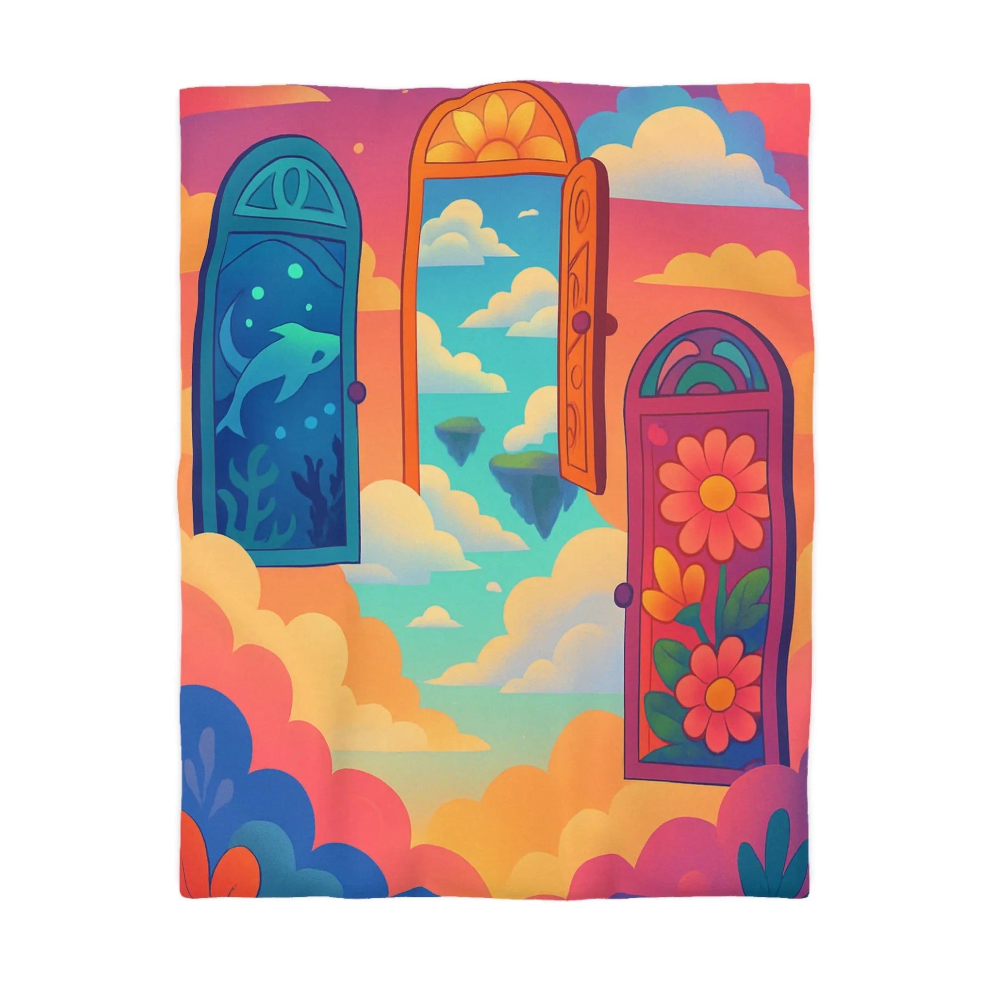 Housse de couette colorée avec trois portes magiques et paysages oniriques enchanteurs