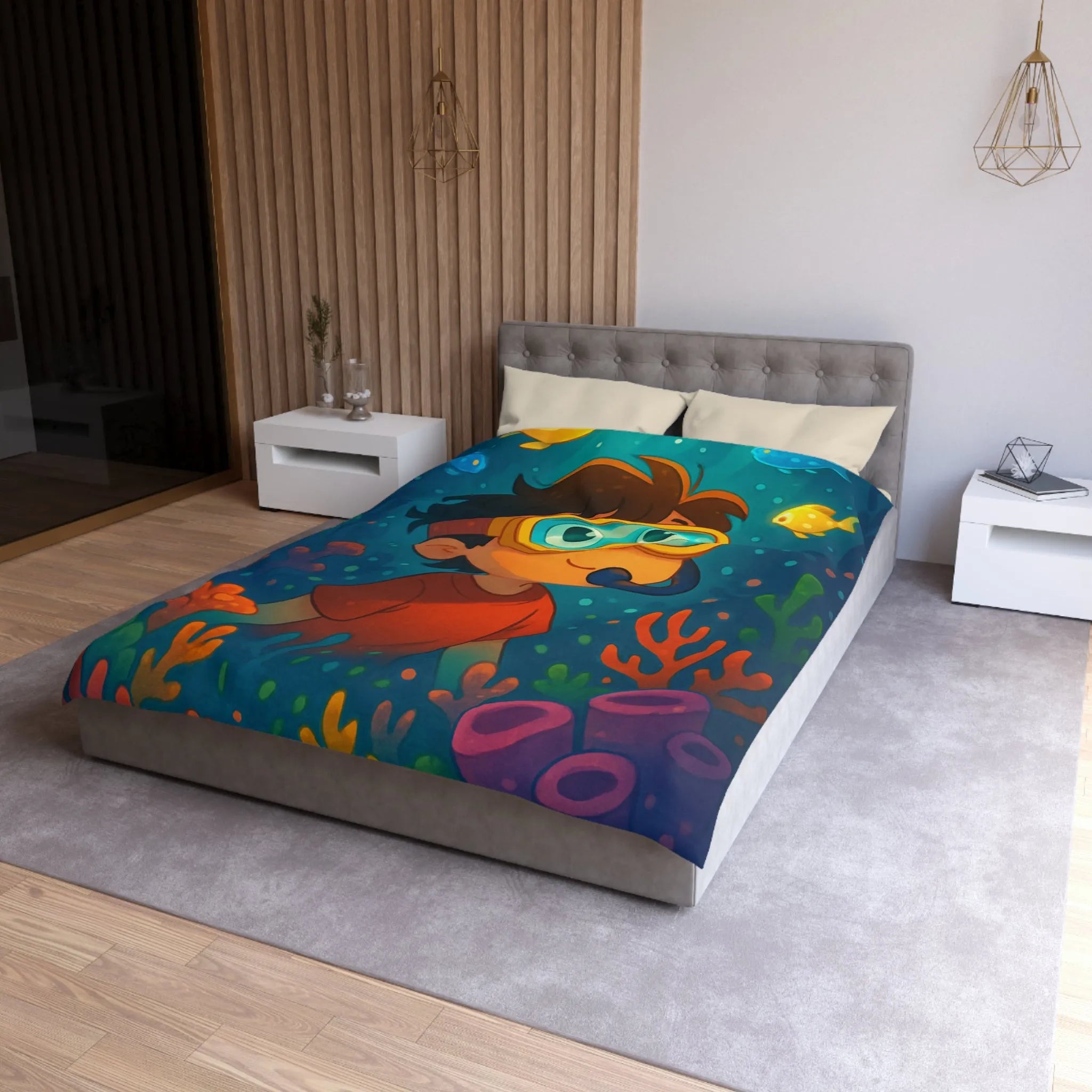 Housse de couette enfantine avec motif sous-marin coloré poisson et garçon plongeur dessiné