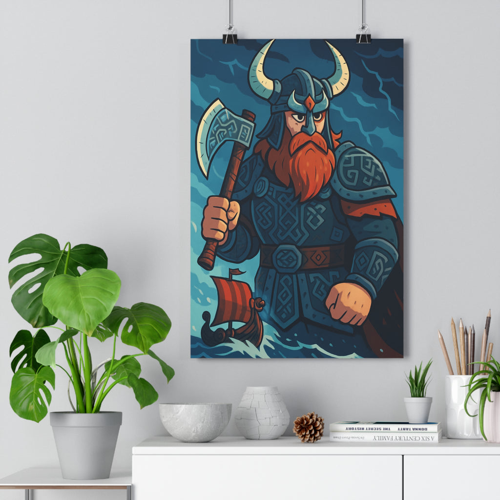 Poster décoratif guerrier nordique mythologique épique aventure salon bleu orageux authentique armure hache qualité