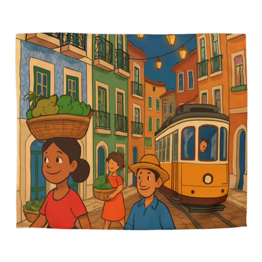 Housse de Couette Colorée Illustrant Scène Vibrante de Rue avec Tramway et Marché