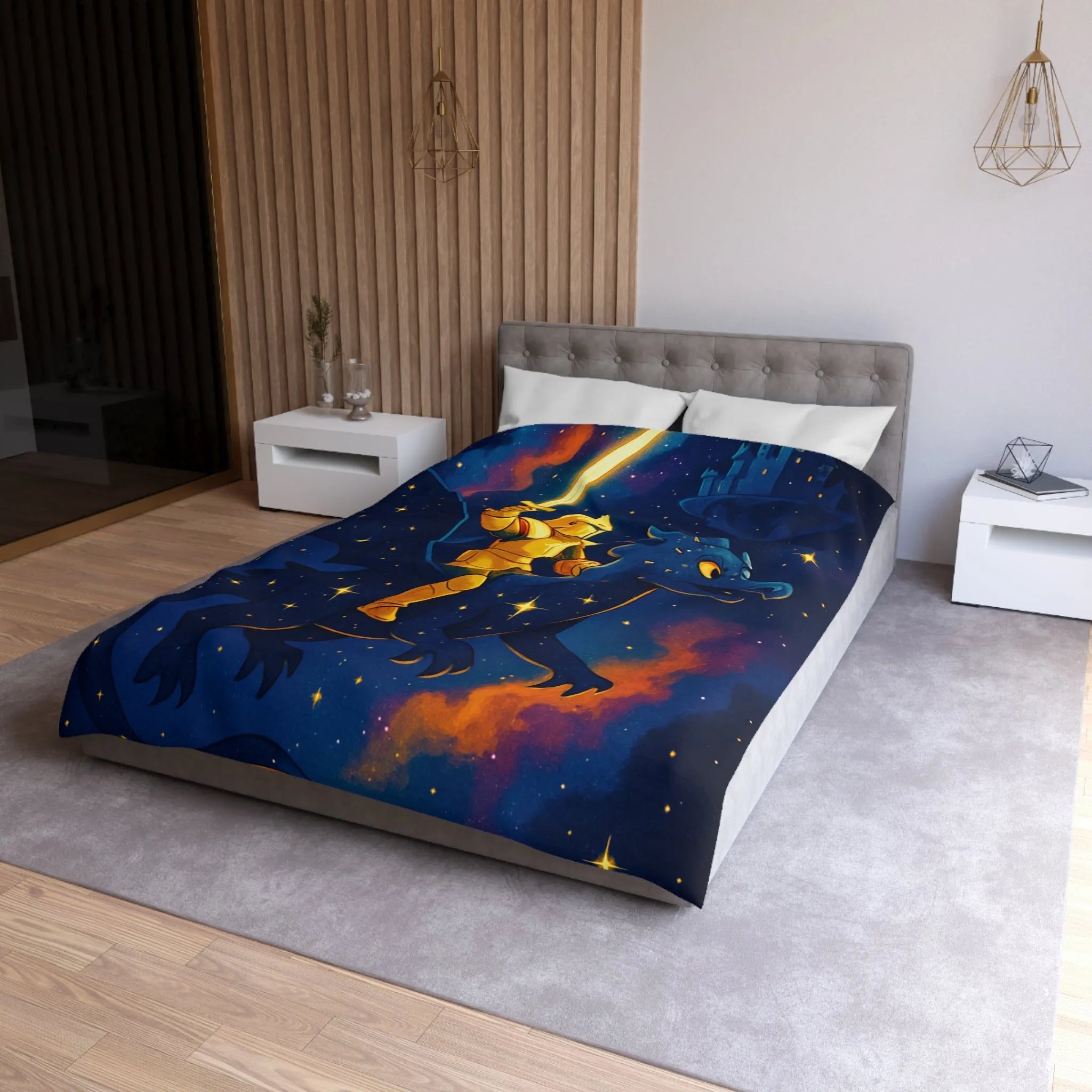 Housse de couette avec chevalier et dragon volant sous étoiles et château magique