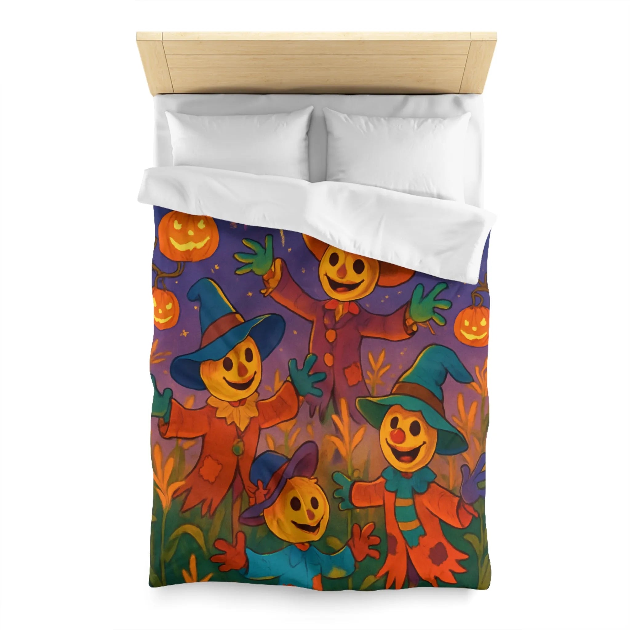 Housse de couette joyeux épouvantails et citrouilles lumineuses pour ambiance festive et colorée