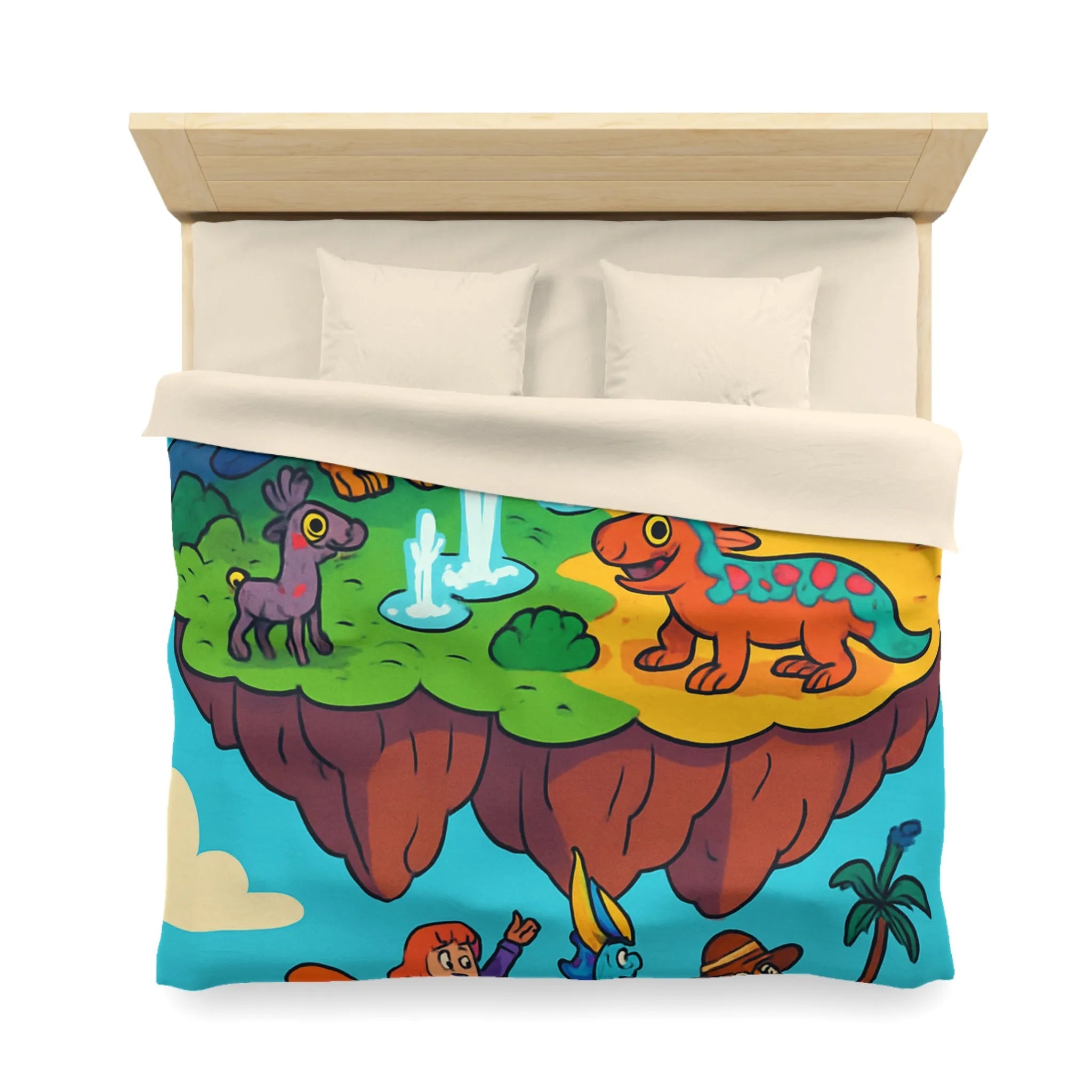 Housse de couette fantaisie avec animaux colorés sur une île flottante magique