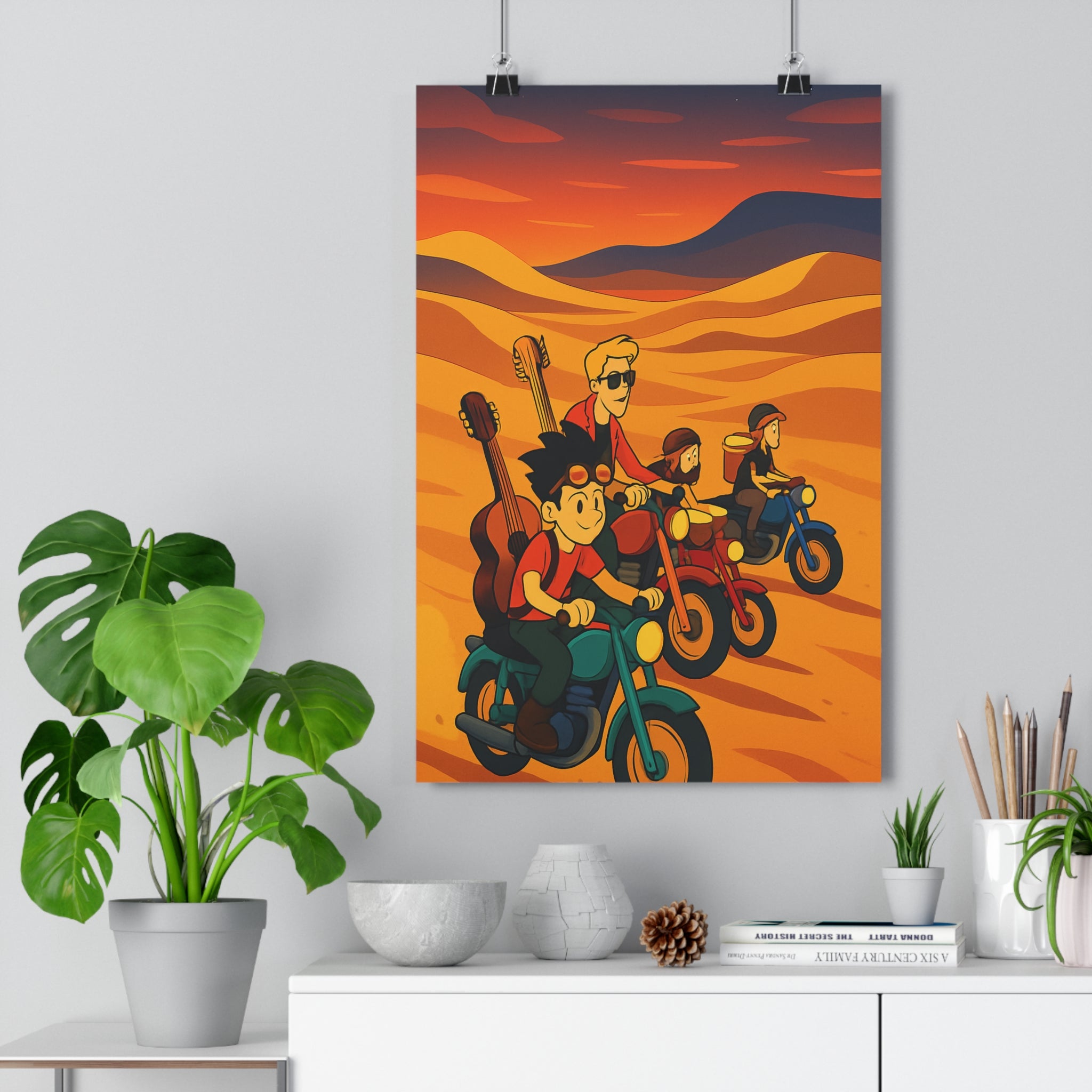 Poster décoratif cartoon orange jaune aventure désert chambre salon dynamisme musique 30x46 moderne vibrant