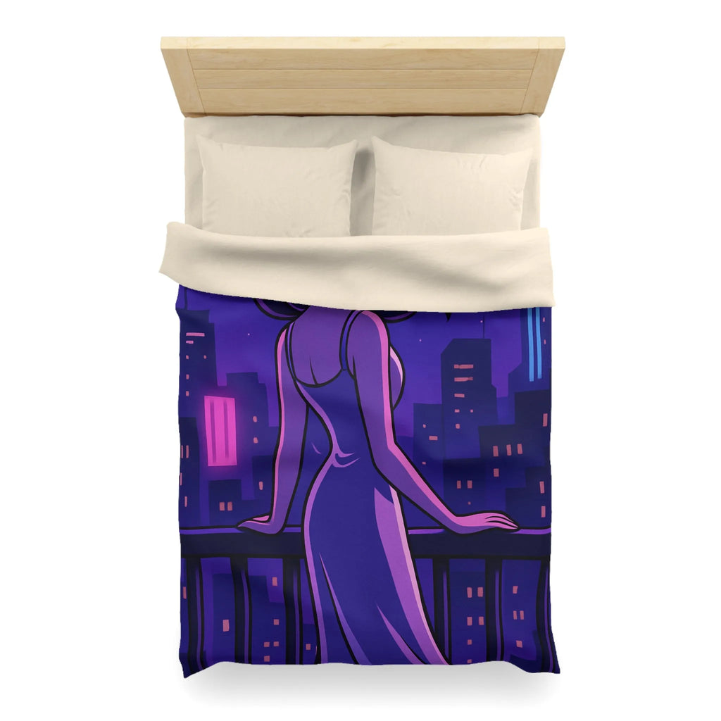 Housse de couette avec femme contemplant ville nocturne éclairée, style rétro futuriste animé