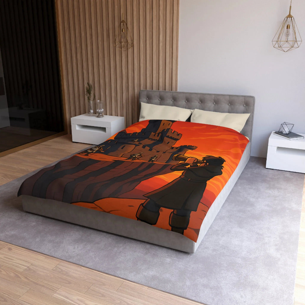 Housse de couette médiévale avec forteresse et observateur sous coucher de soleil épique