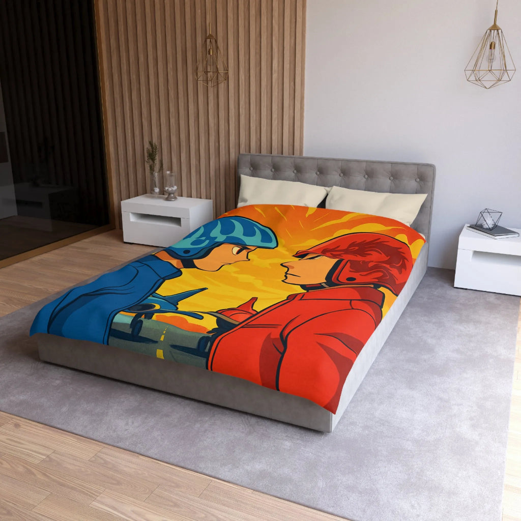 Housse de couette colorée avec deux pilotes et jets sur fond flamboyant