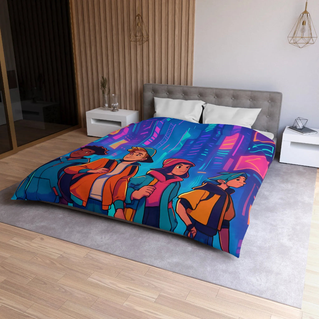 Couette Futuriste Enfants Explorateurs Style Rétro-Cyberpunk avec Néons Colorés pour Chambre Moderne