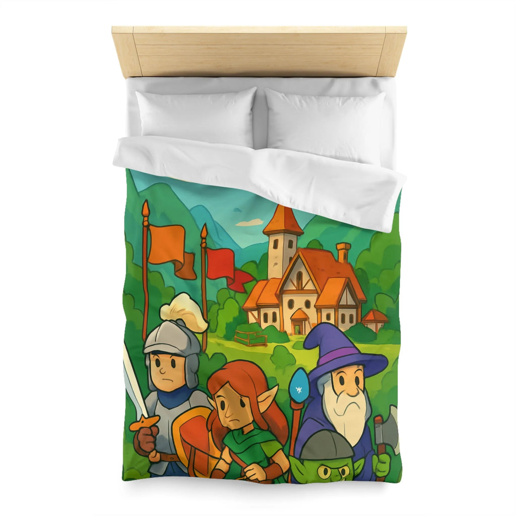 Housse de couette aventure médiévale avec dragons, chevalier, elfe, sorcier et troll